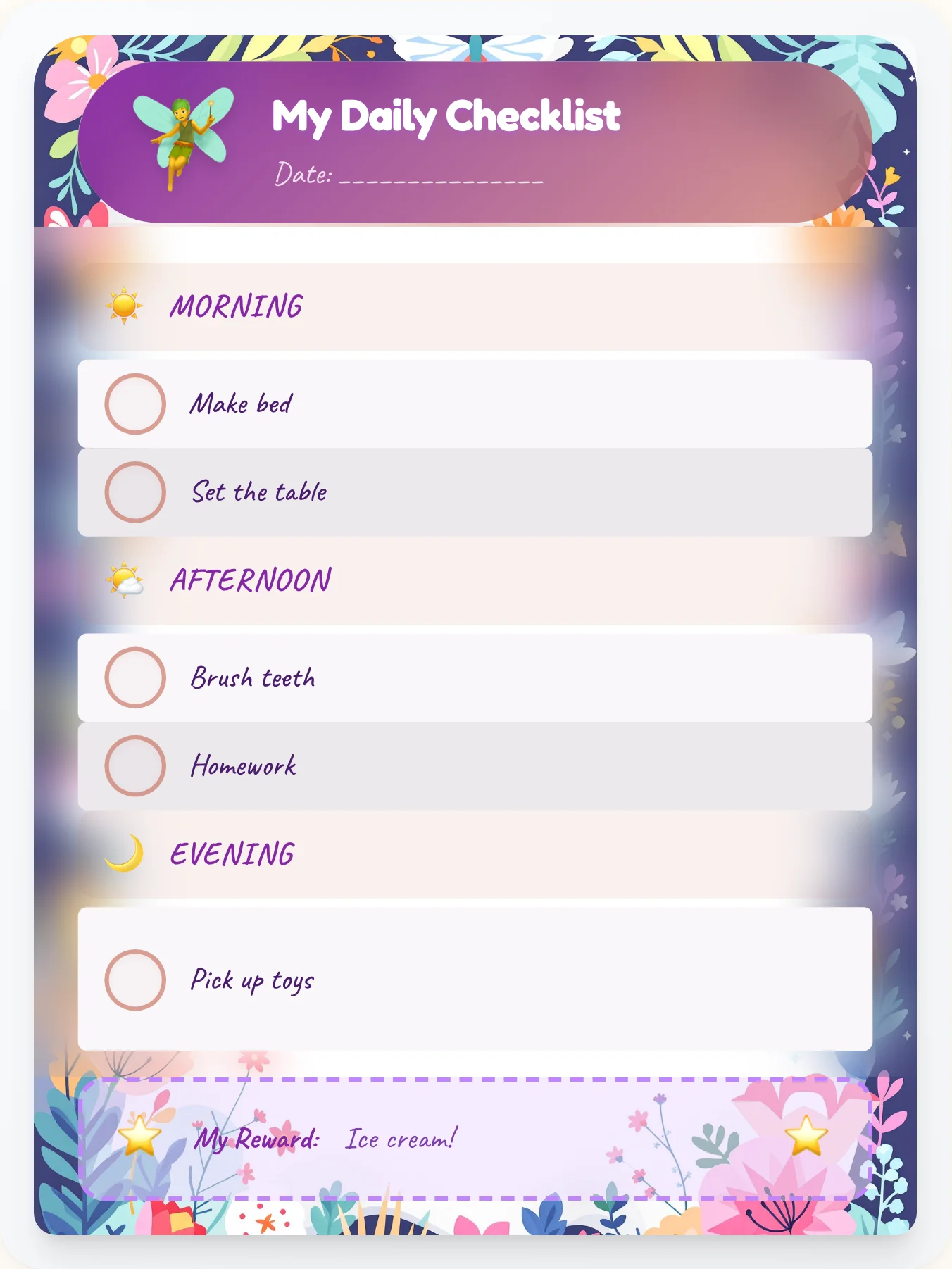 Urban Fairy Day Tracker - printable fairy chore chart