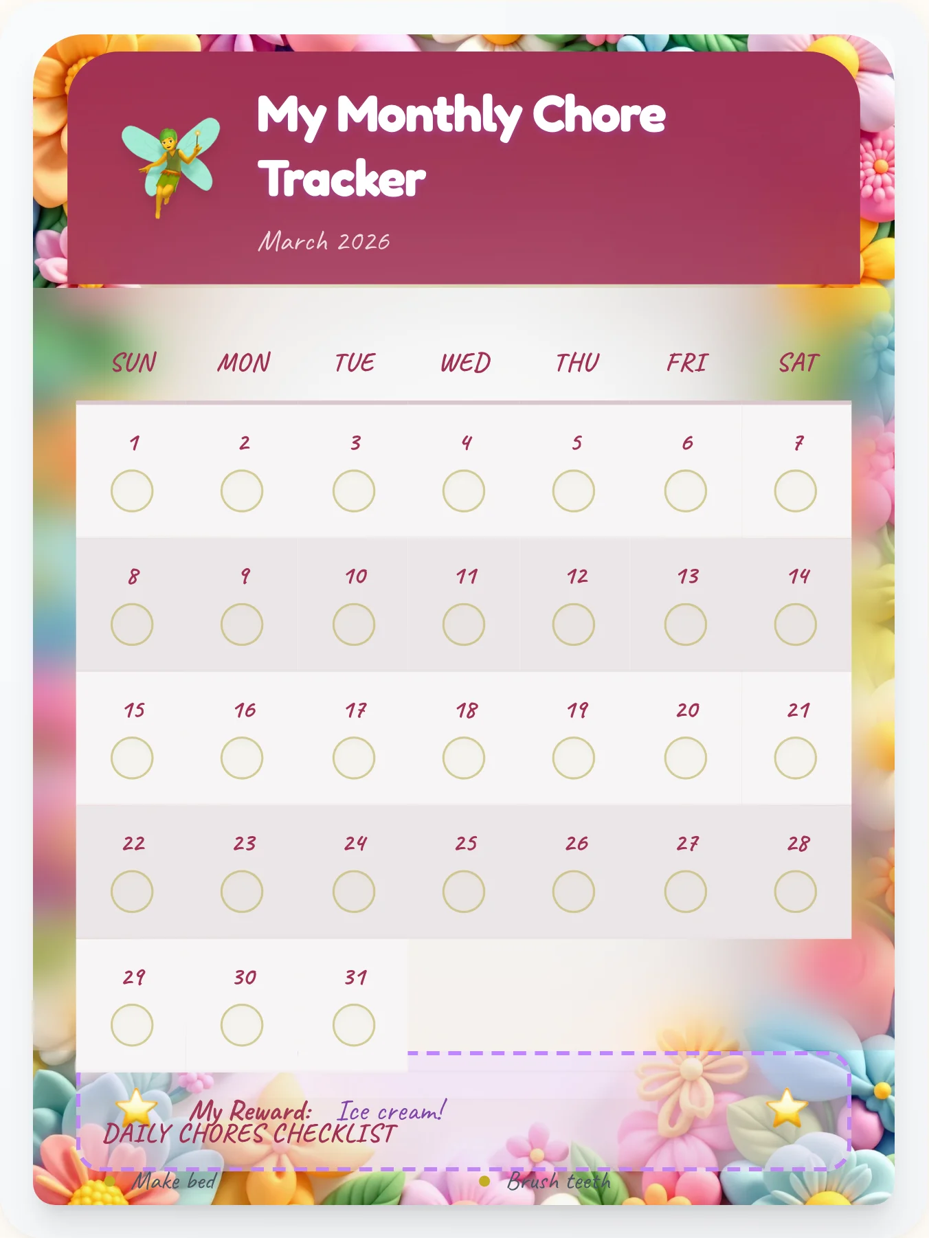 Electric Fairy Monthly Planner - printable fairy chore chart