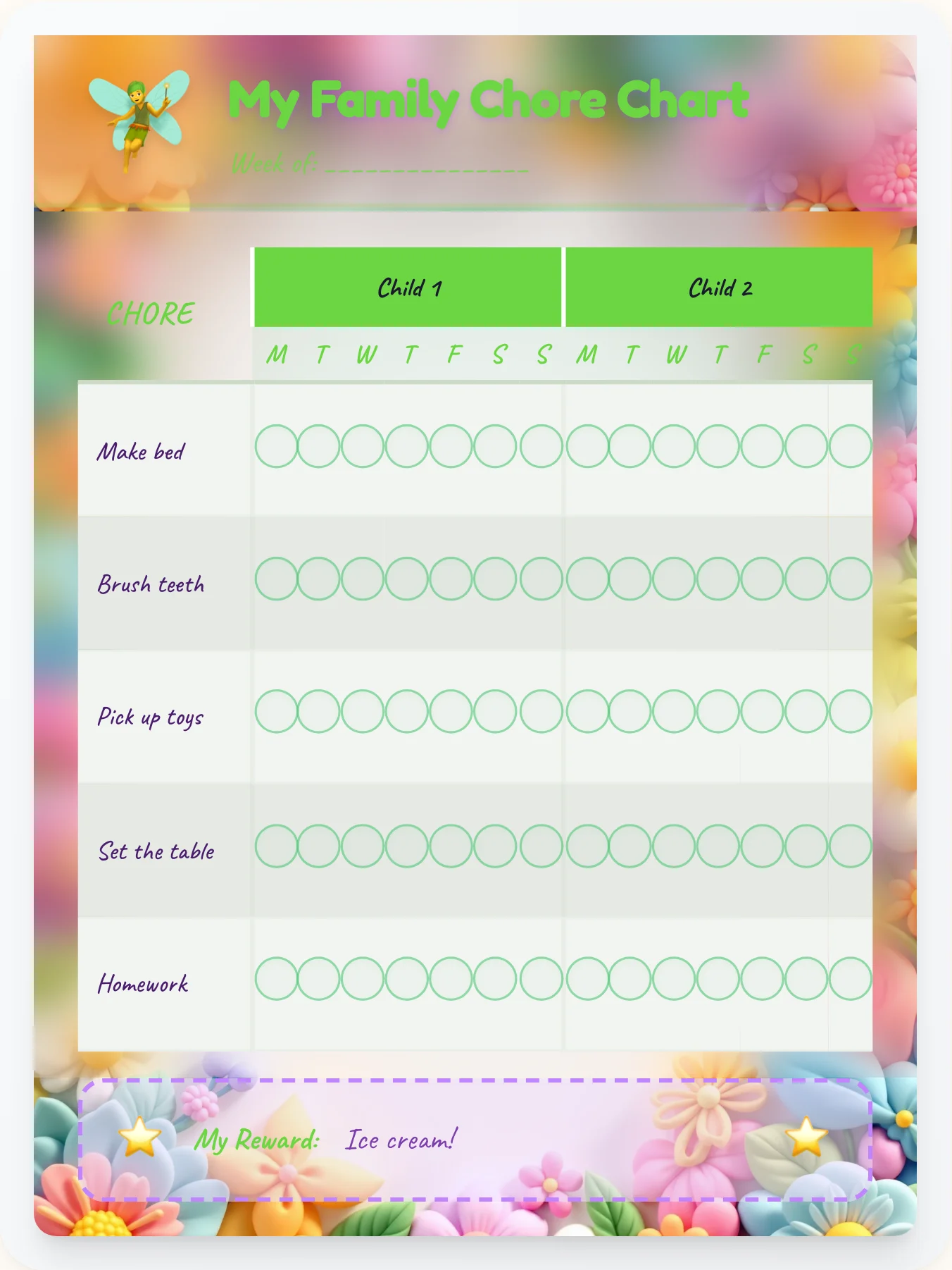 Radiant Fairy Multi-Kid Tracker - printable fairy chore chart