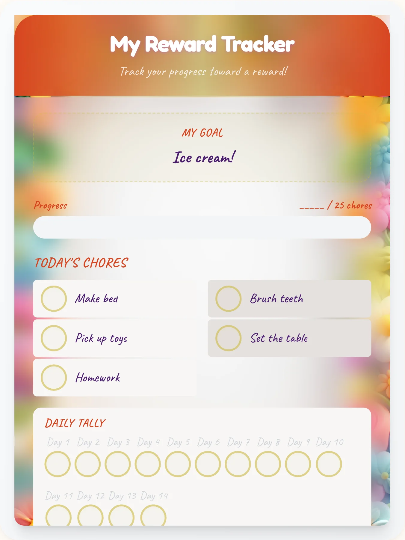 Cozy Fairy Achievement Board - printable fairy chore chart