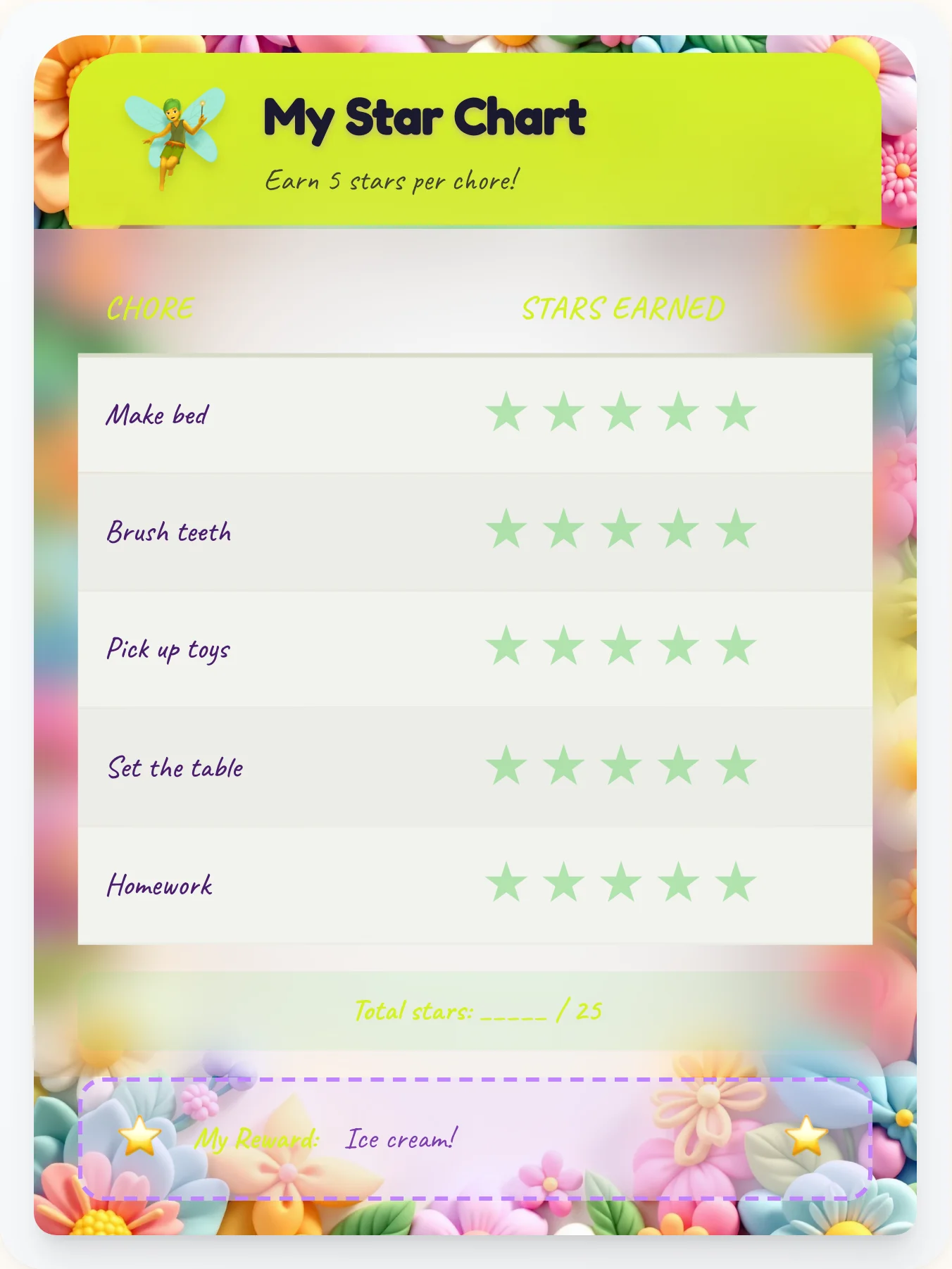 Misty Fairy Star Board - printable fairy chore chart