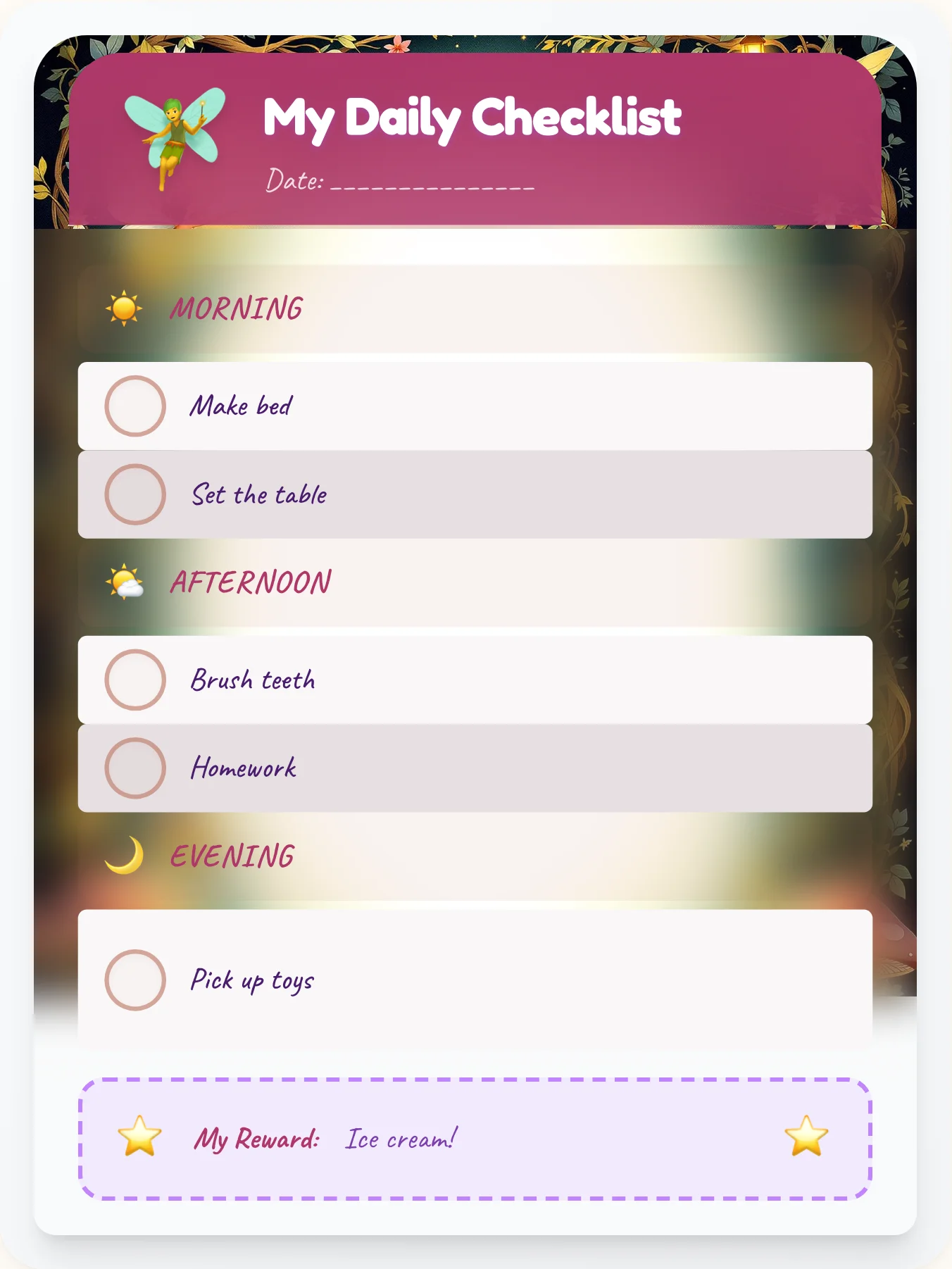 Delicate Fairy Checklist - printable fairy chore chart