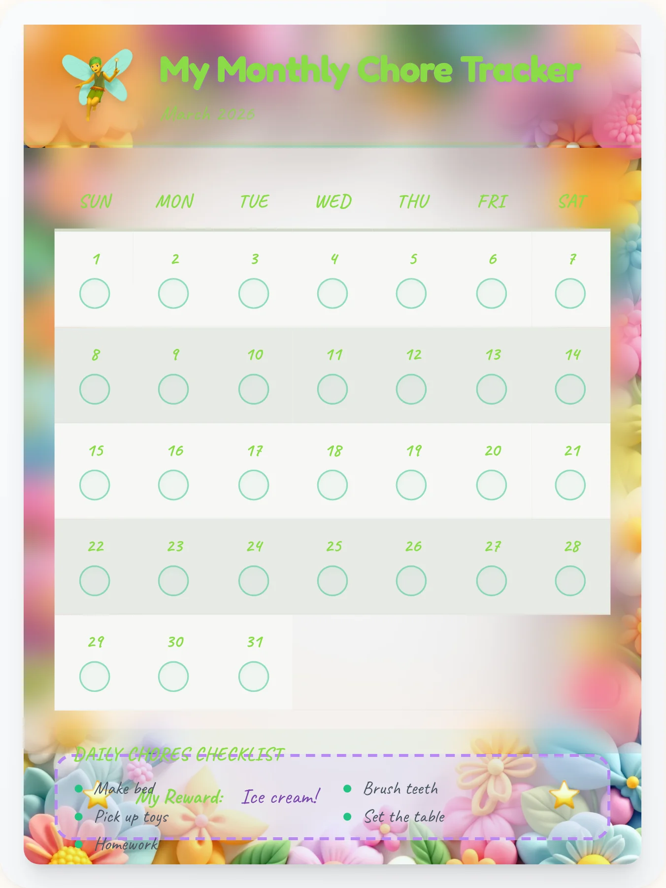 Quiet Fairy Monthly Grid - printable fairy chore chart