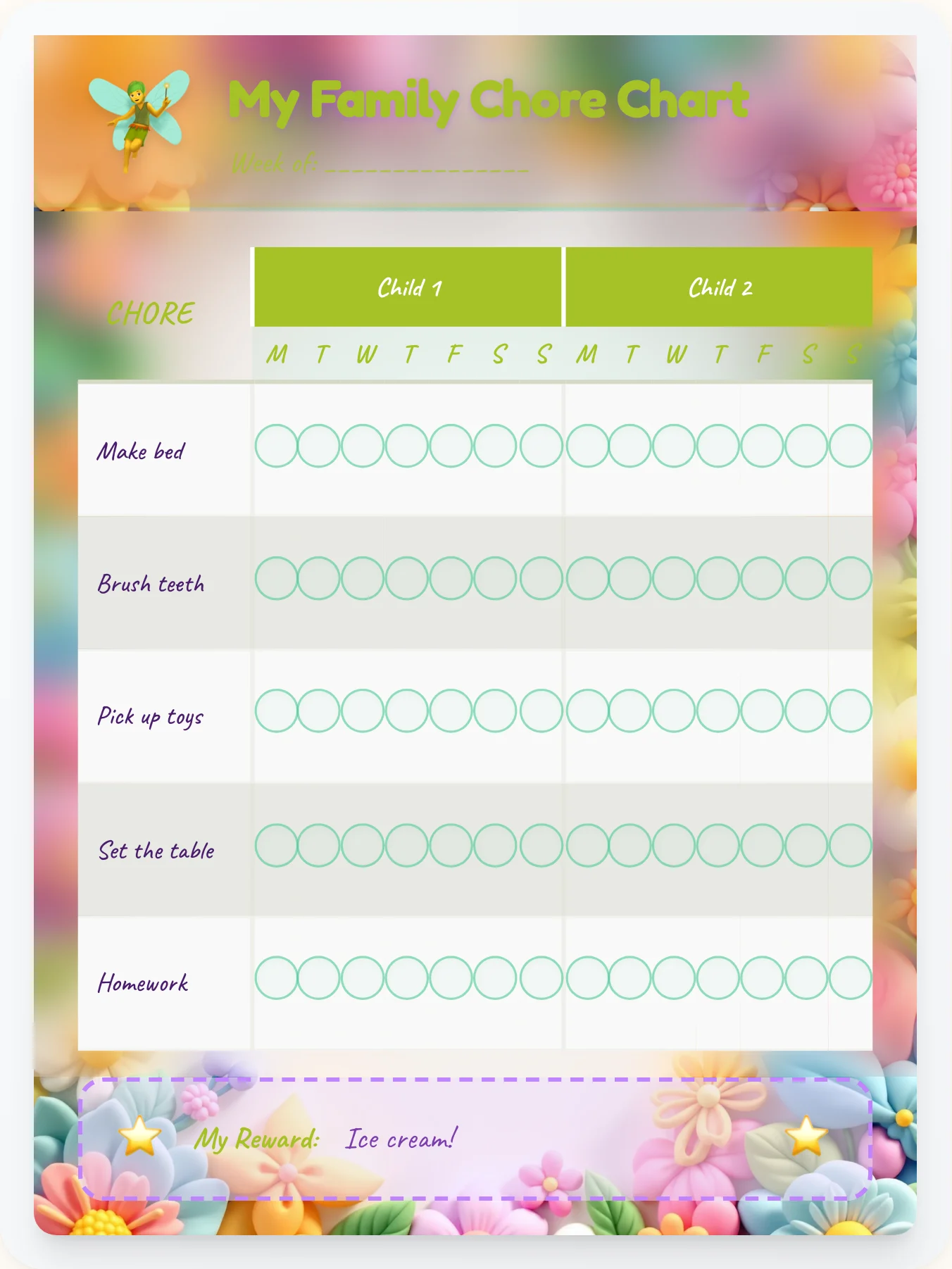 Misty Fairy Team Chart - printable fairy chore chart