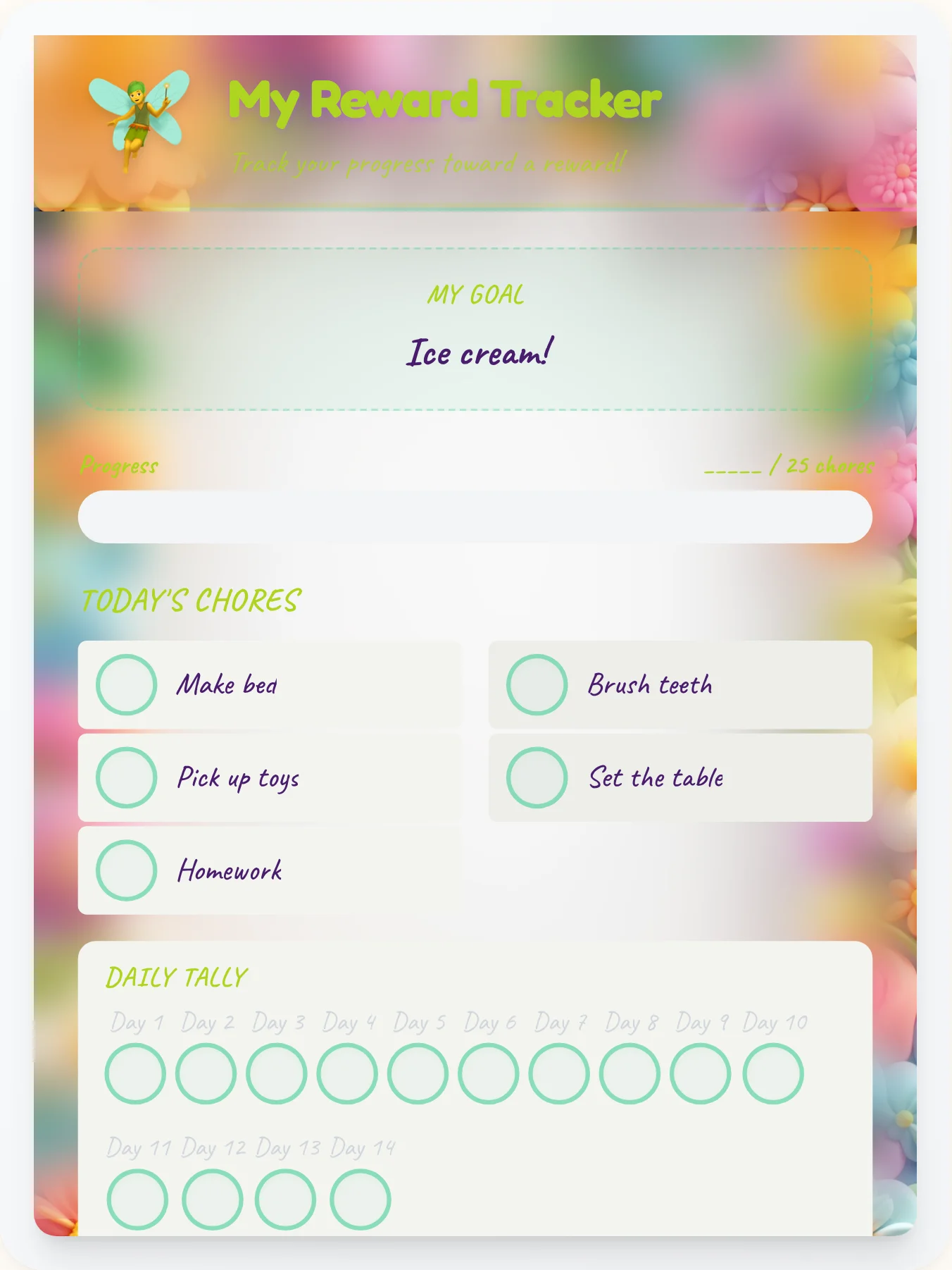 Noble Fairy Achievement Board - printable fairy chore chart