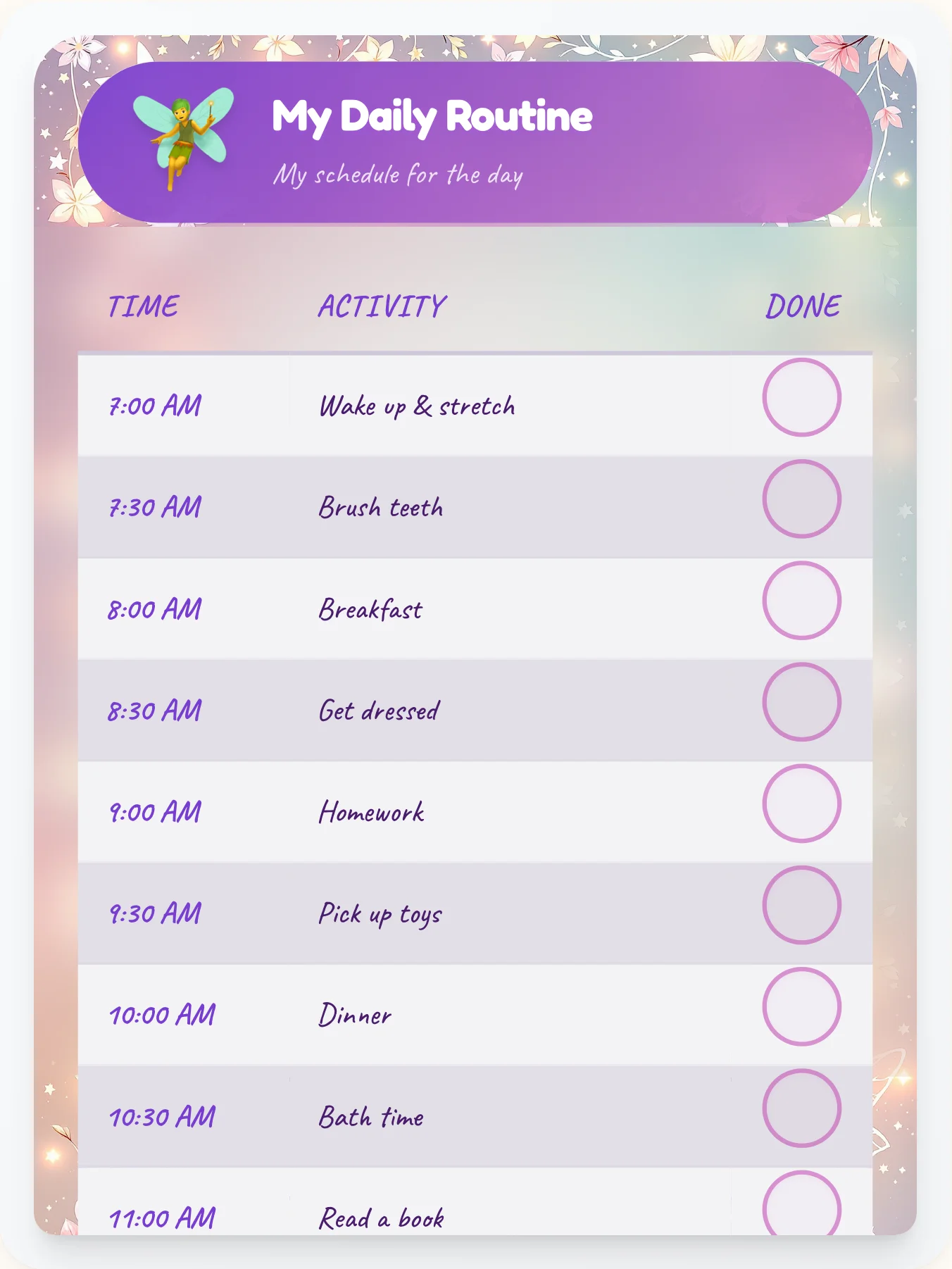 Serene Fairy Daily Routine - printable fairy chore chart