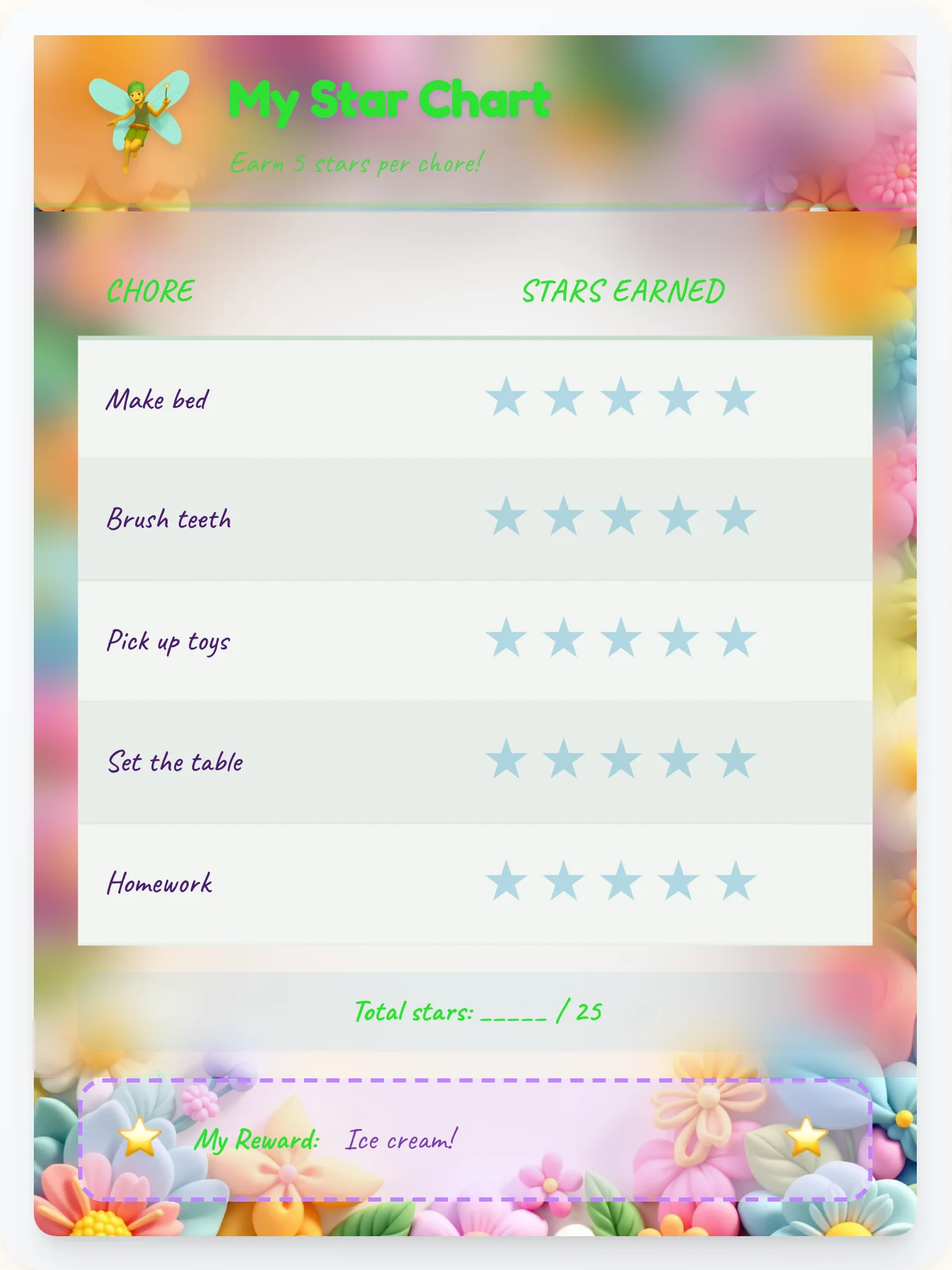 Vivid Fairy Star Rewards - printable fairy chore chart