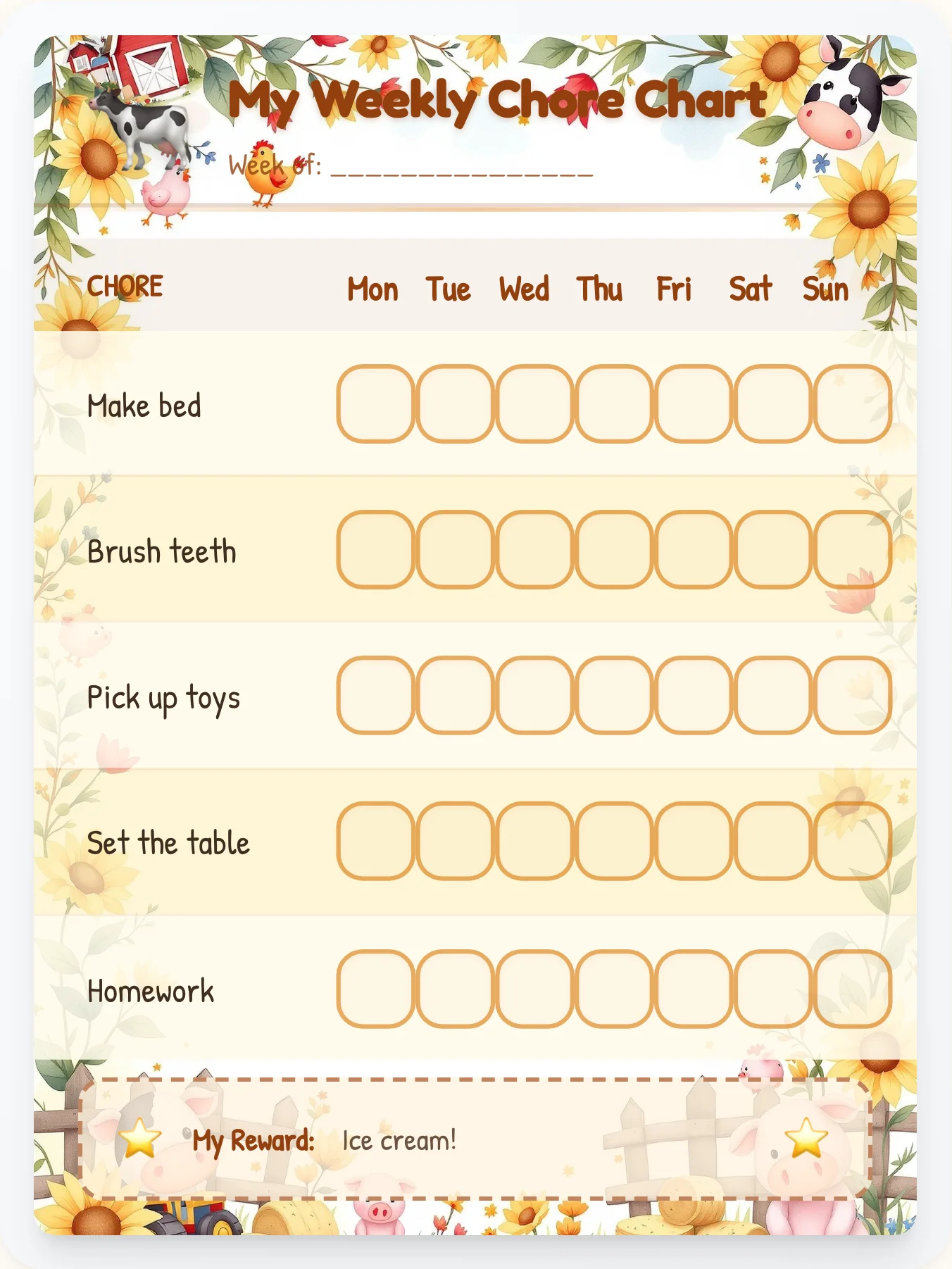 Farm Friends Watercolor Chore Chart - printable farm chore chart