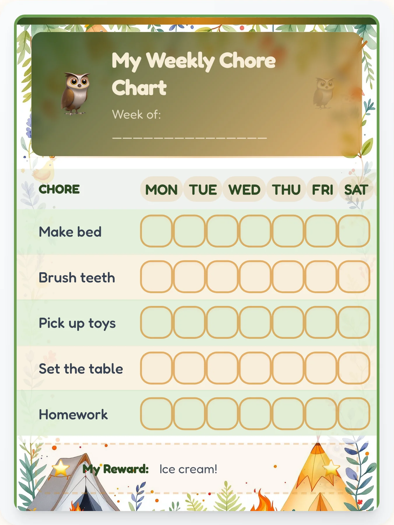 Forest Chore Chart — Twilight Hollow Free Printable Template - printable forest chore chart