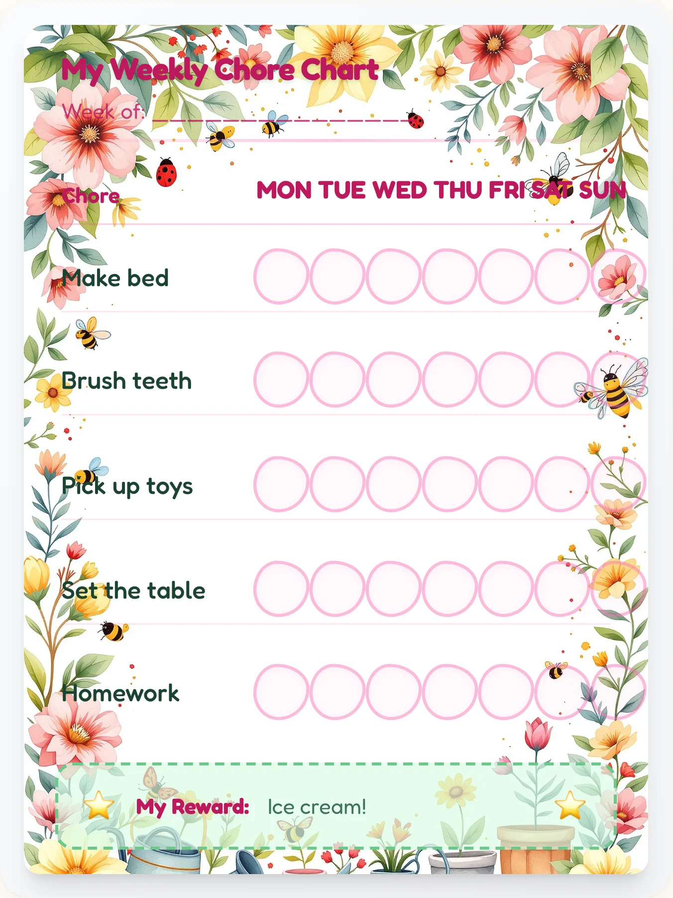 Garden Bloom Watercolor Chore Chart - printable garden chore chart