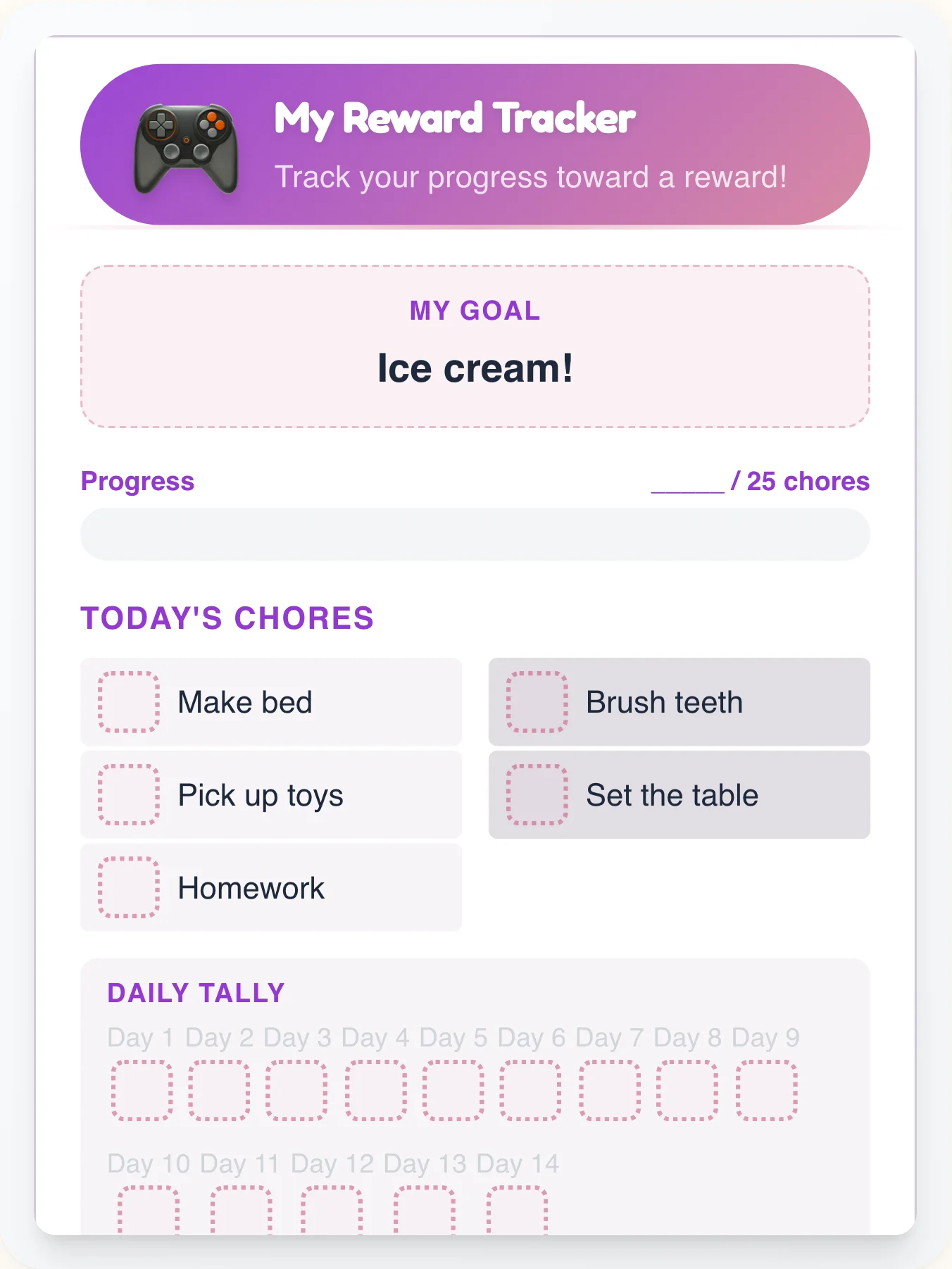 Tranquil Geeks Points Tracker - printable geeks chore chart