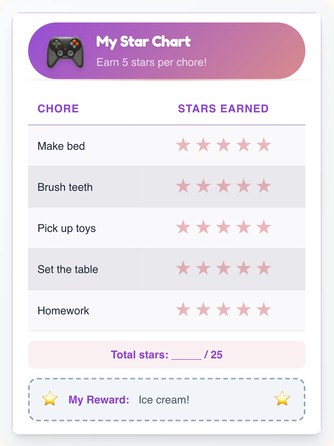Tranquil Geeks Star Board - printable geeks chore chart