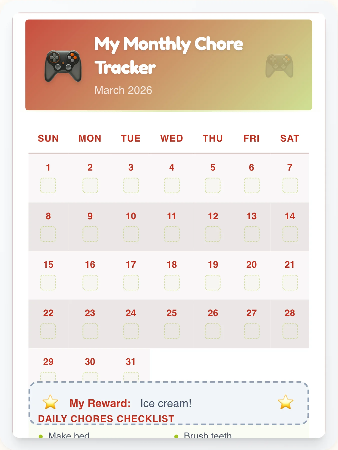 Bright Geeks Monthly Grid - printable geeks chore chart