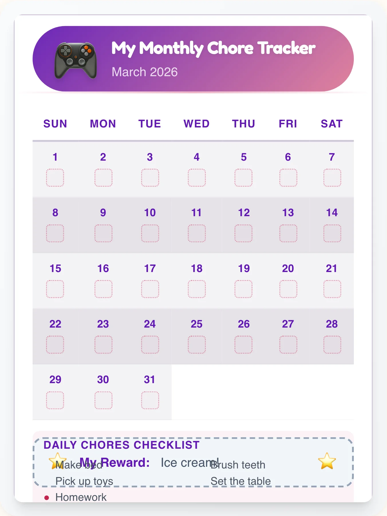 Serene Geeks Calendar Chart - printable geeks chore chart