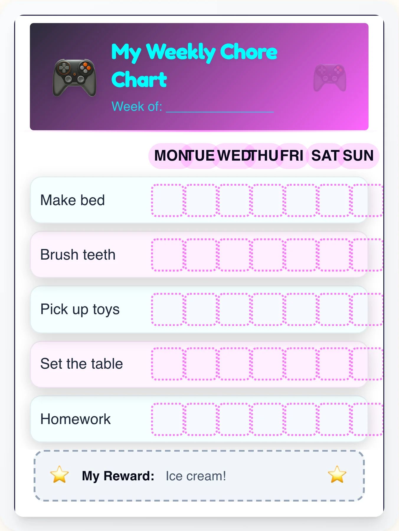 Neon Rain Chore Chart - printable geeks chore chart
