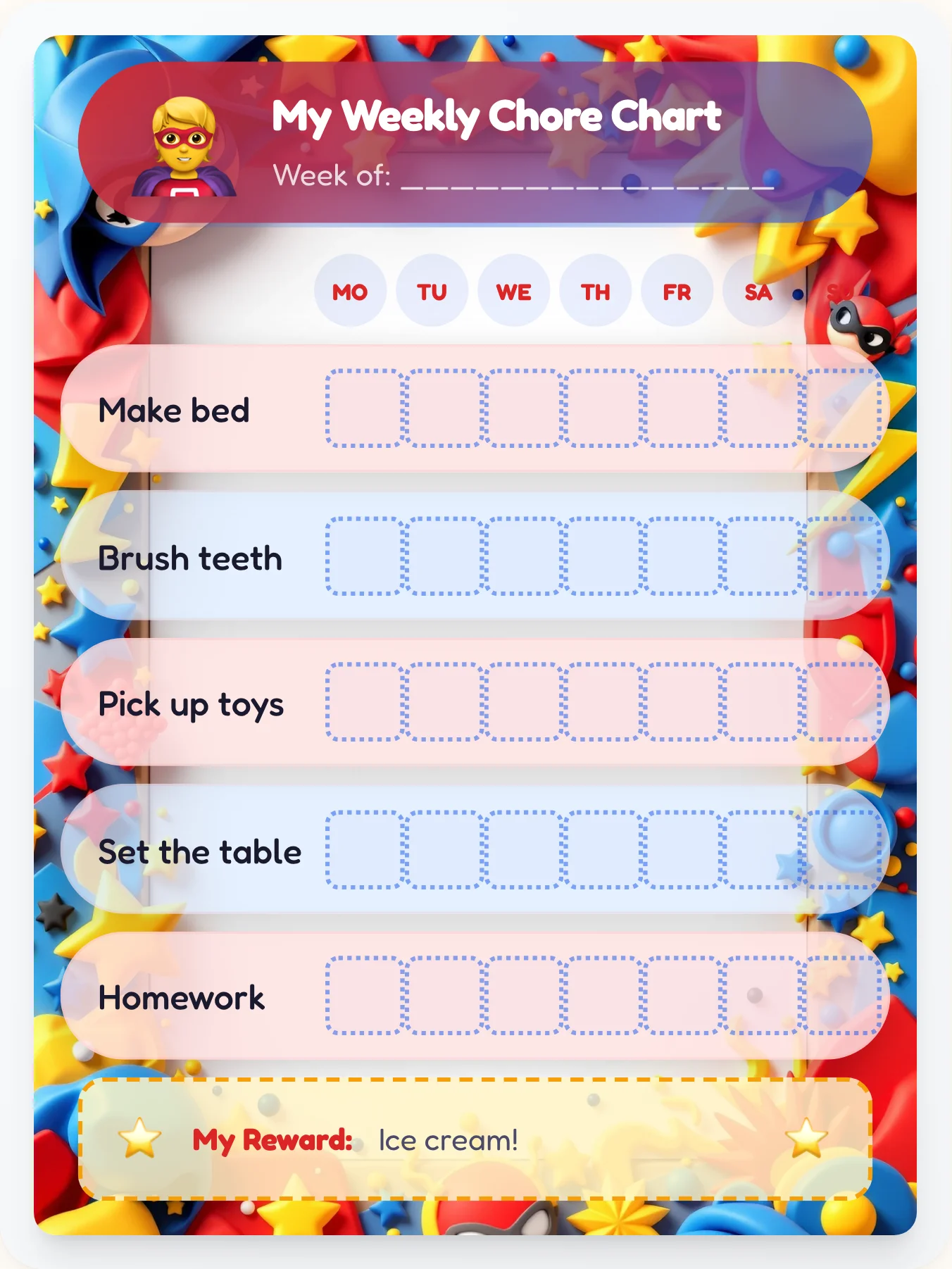 Hero Academy 3D Clay Chore Chart - printable superhero chore chart