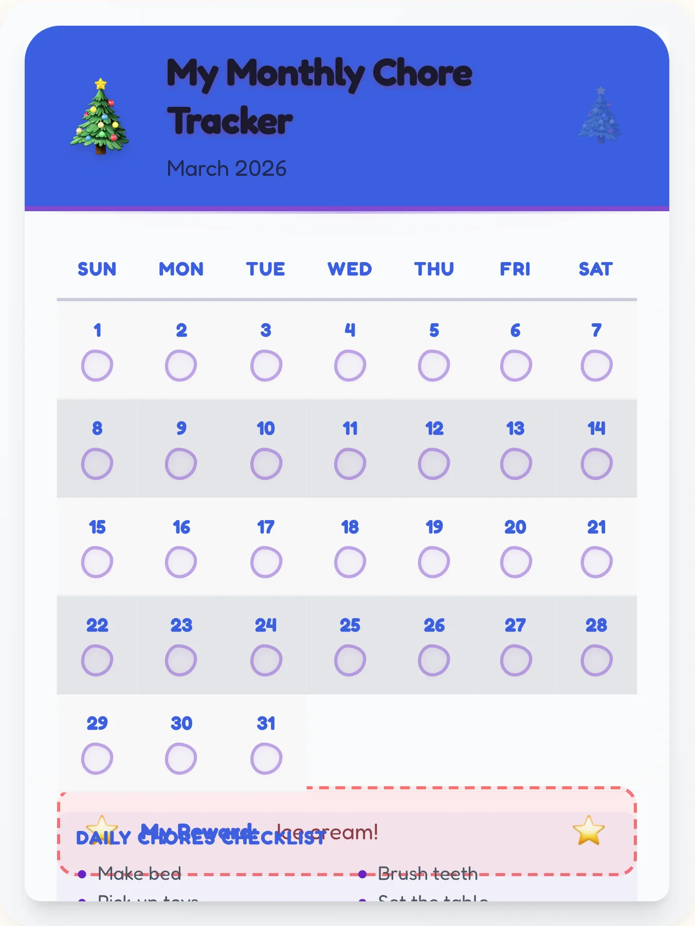 Mellow Holiday Calendar Board - printable holiday chore chart