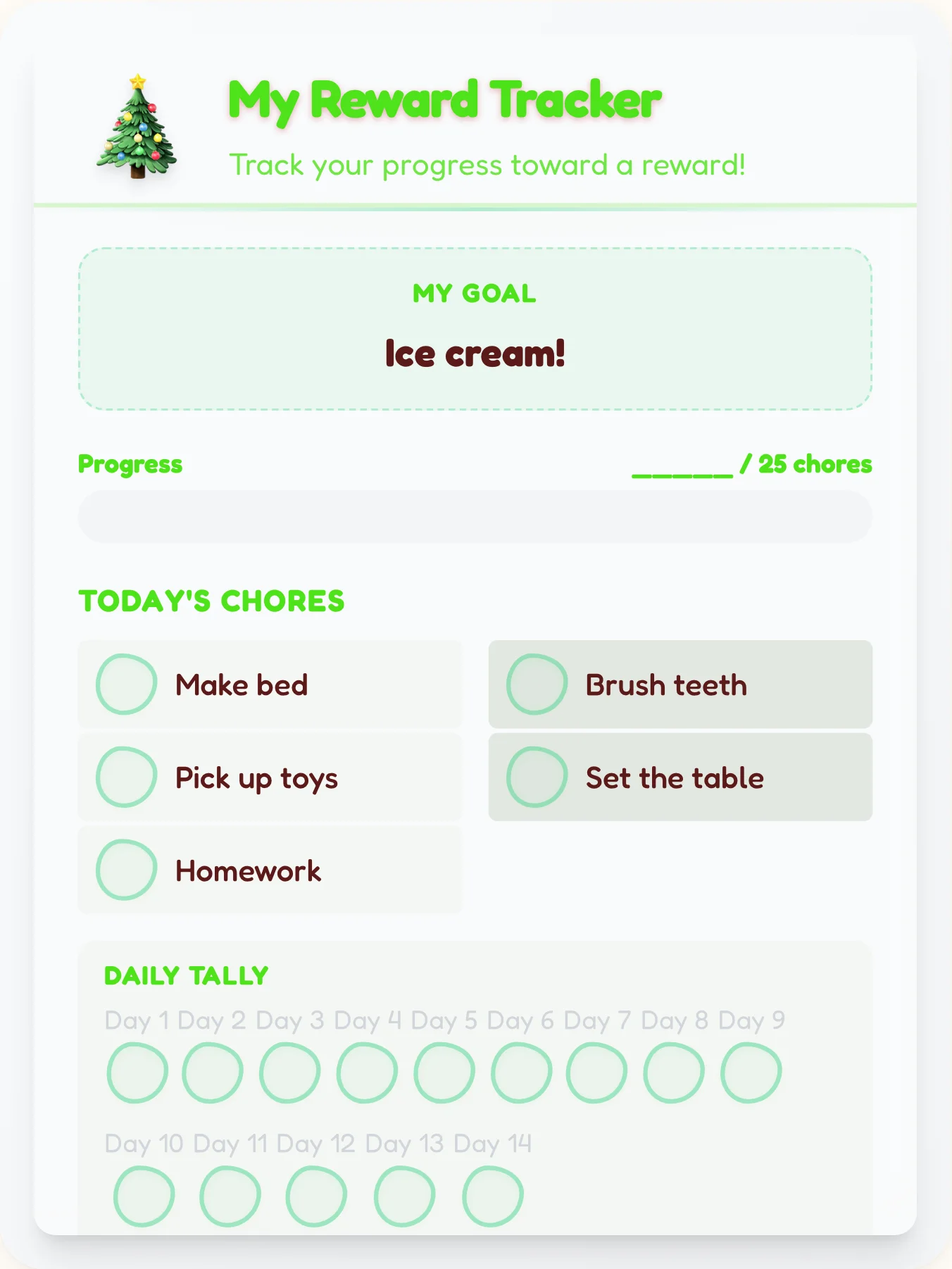 Sunny Holiday Goal Chart - printable holiday chore chart