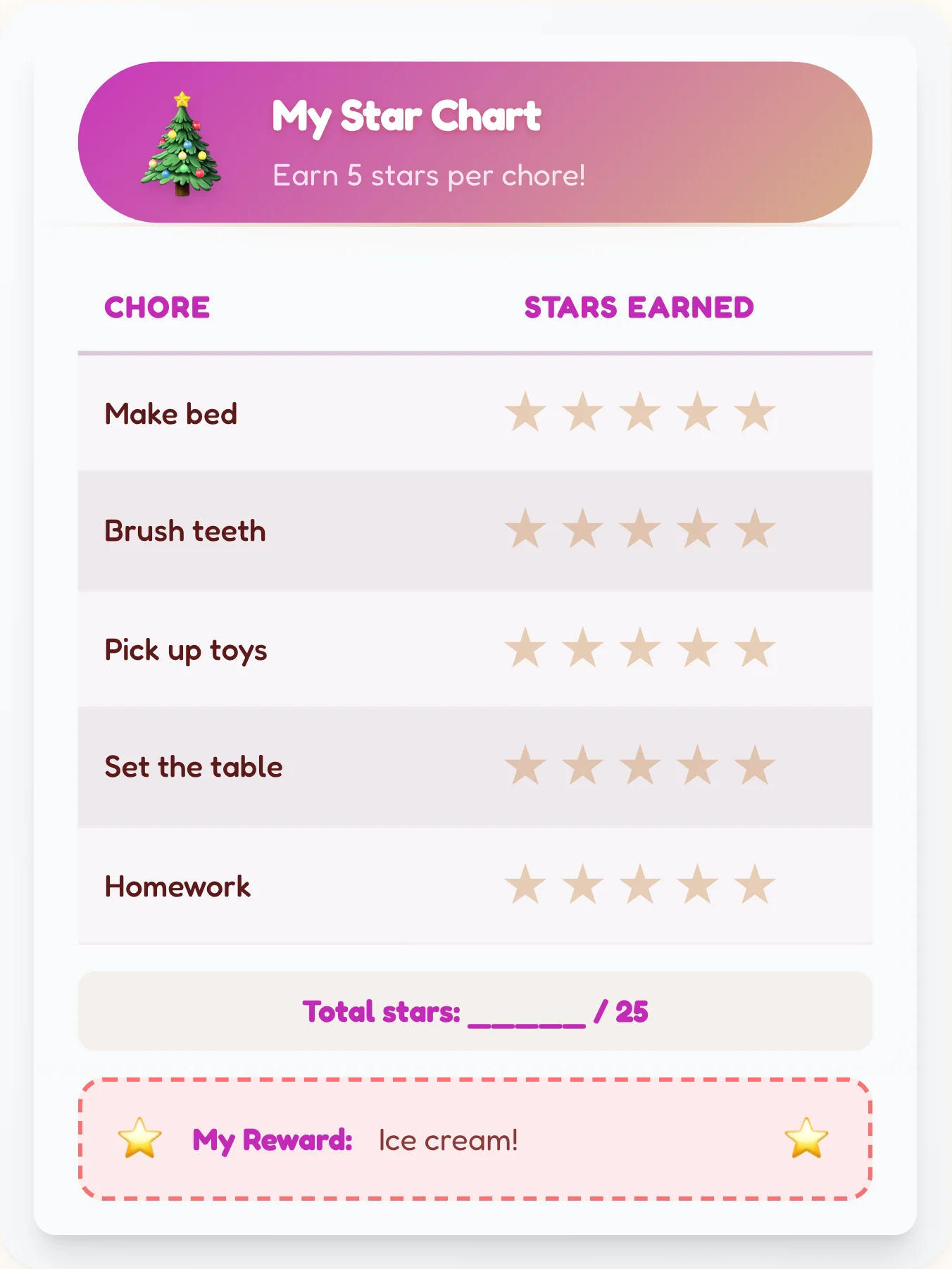 Airy Holiday Star Board - printable holiday chore chart
