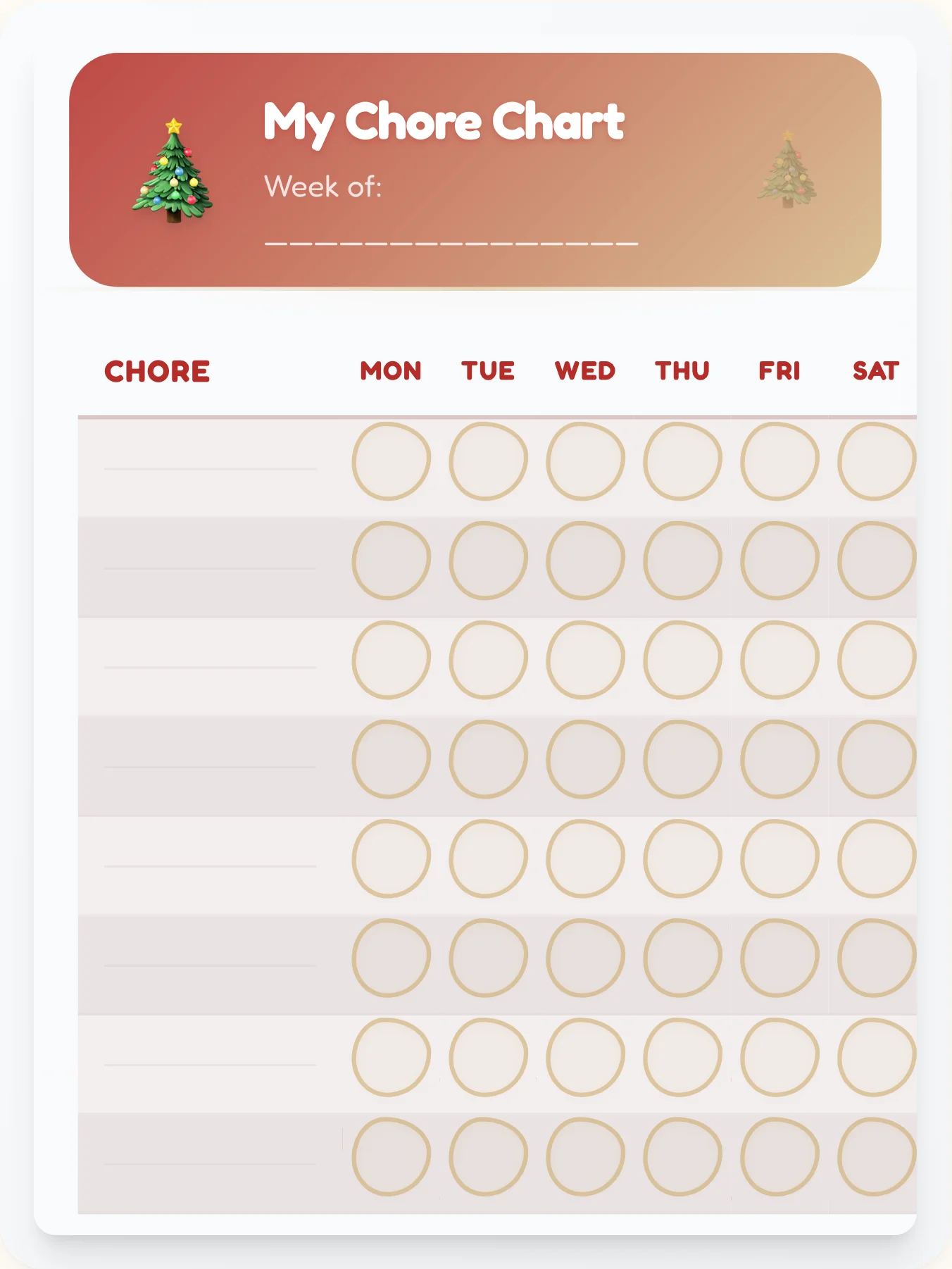Bright Holiday Open Template - printable holiday chore chart