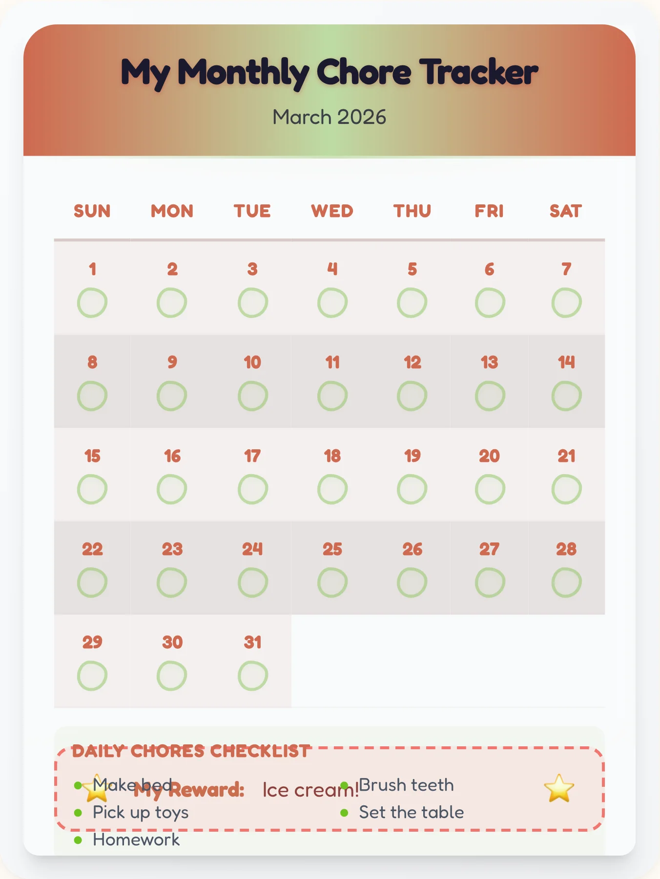 Cozy Holiday Calendar Chart - printable holiday chore chart