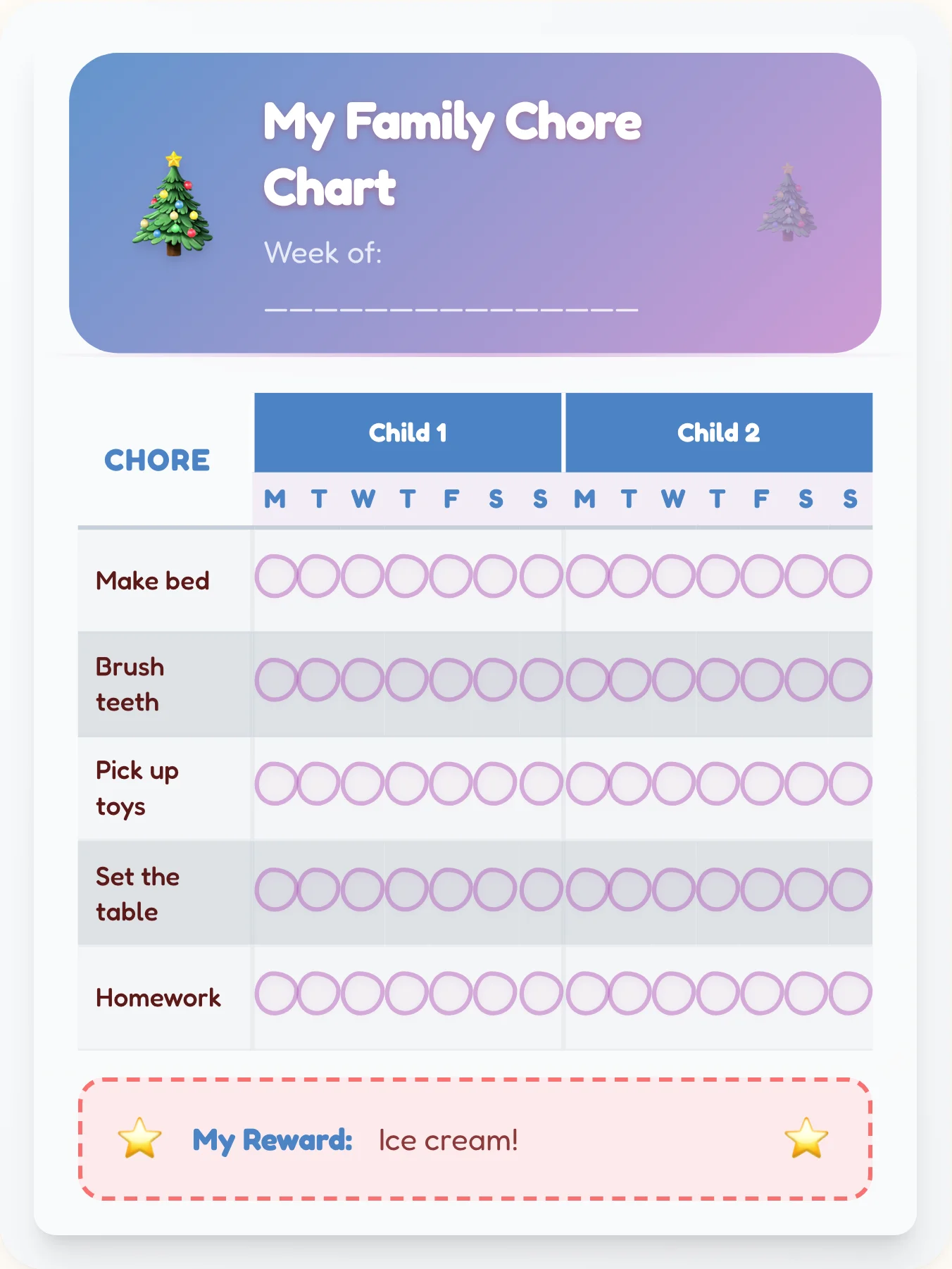Kind Holiday Family Chart - printable holiday chore chart