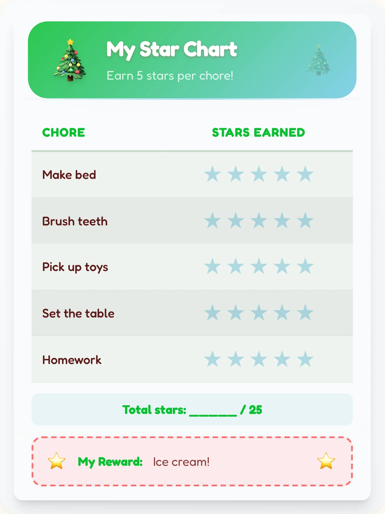 Warm Holiday Star Board - printable holiday chore chart