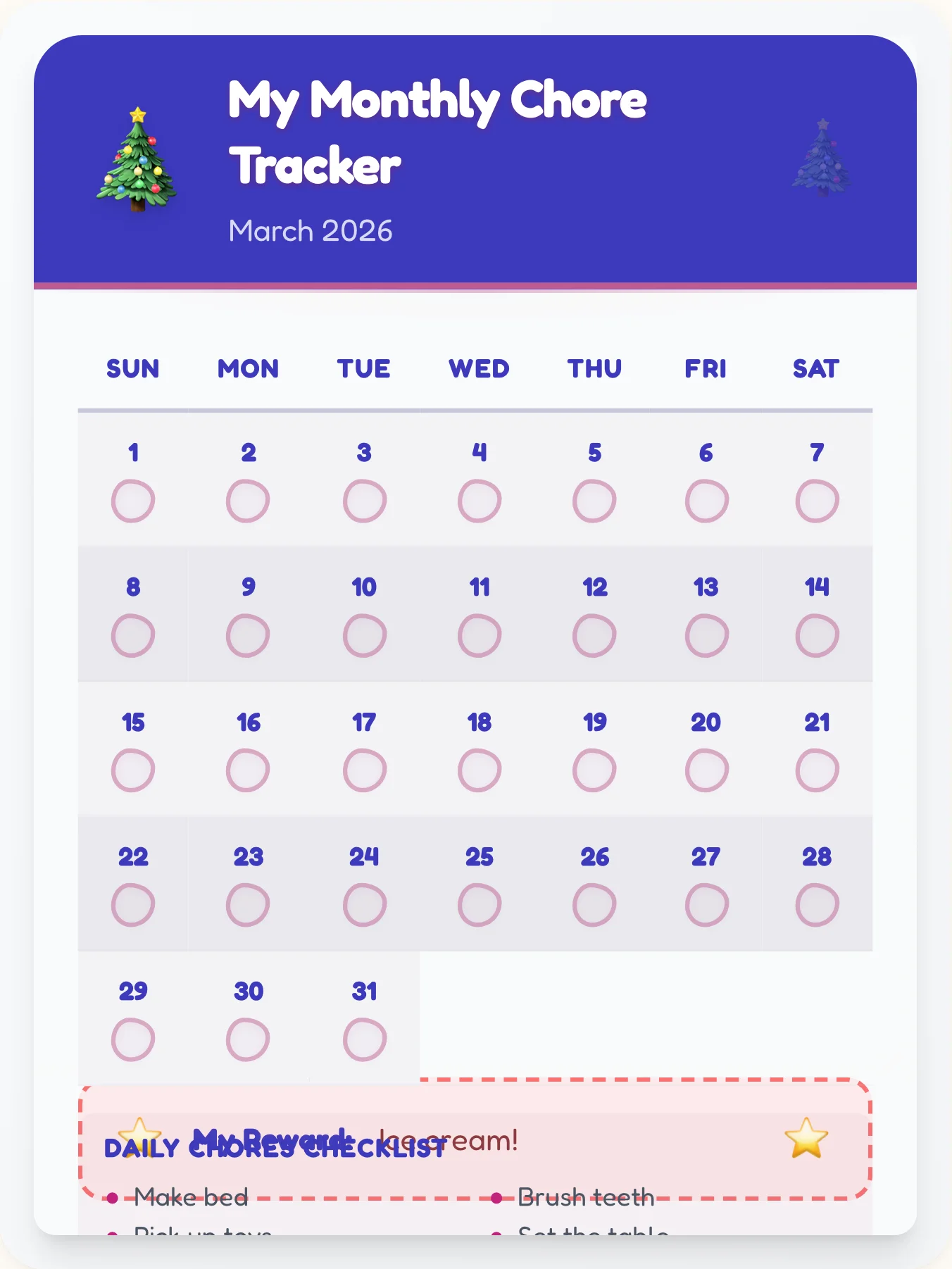 Organic Holiday Monthly Planner - printable holiday chore chart