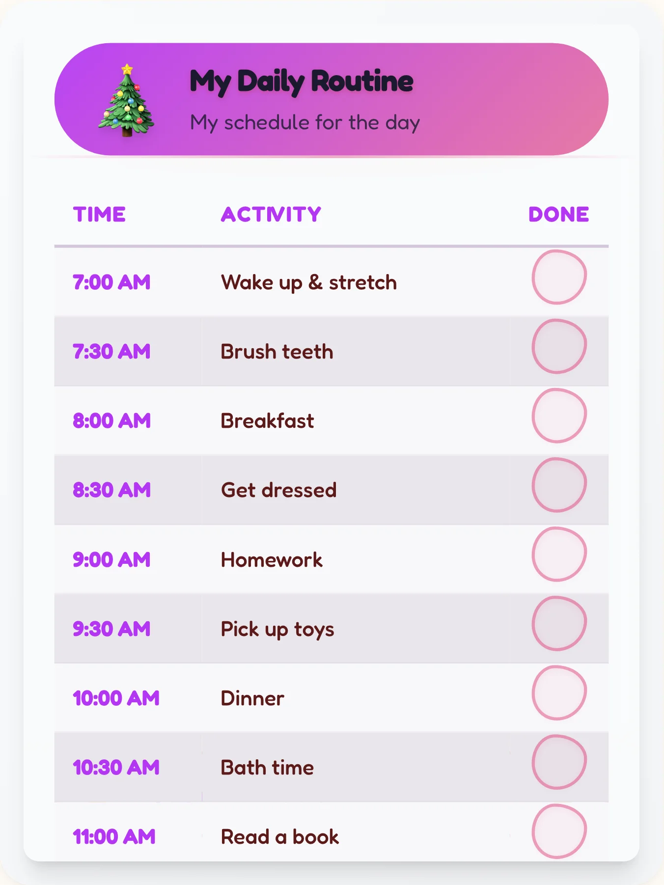 Urban Holiday Schedule Chart - printable holiday chore chart