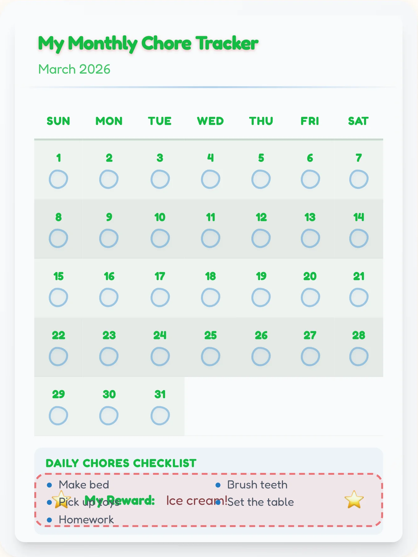 Zen Holiday Monthly Planner - printable holiday chore chart