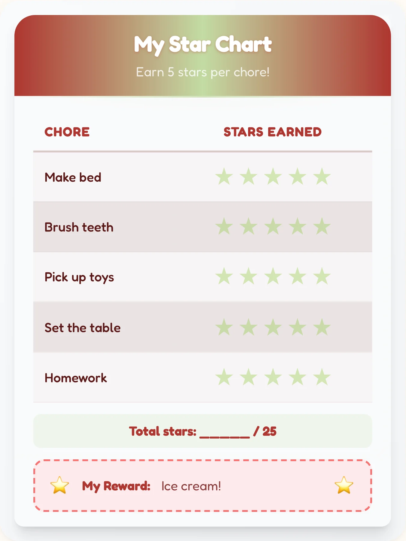 Bright Holiday Star Tracker - printable holiday chore chart