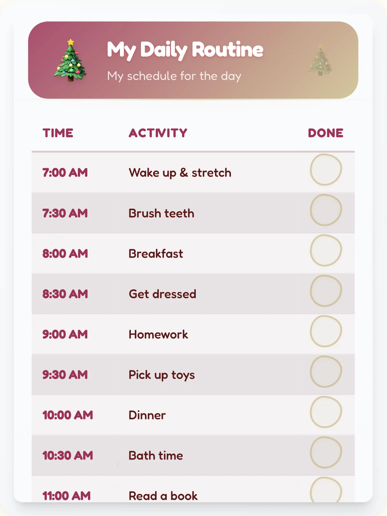 Hazy Holiday Routine Board - printable holiday chore chart