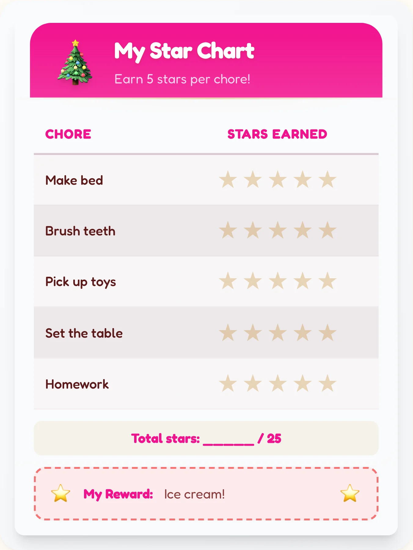 Calm Holiday Star Rewards - printable holiday chore chart