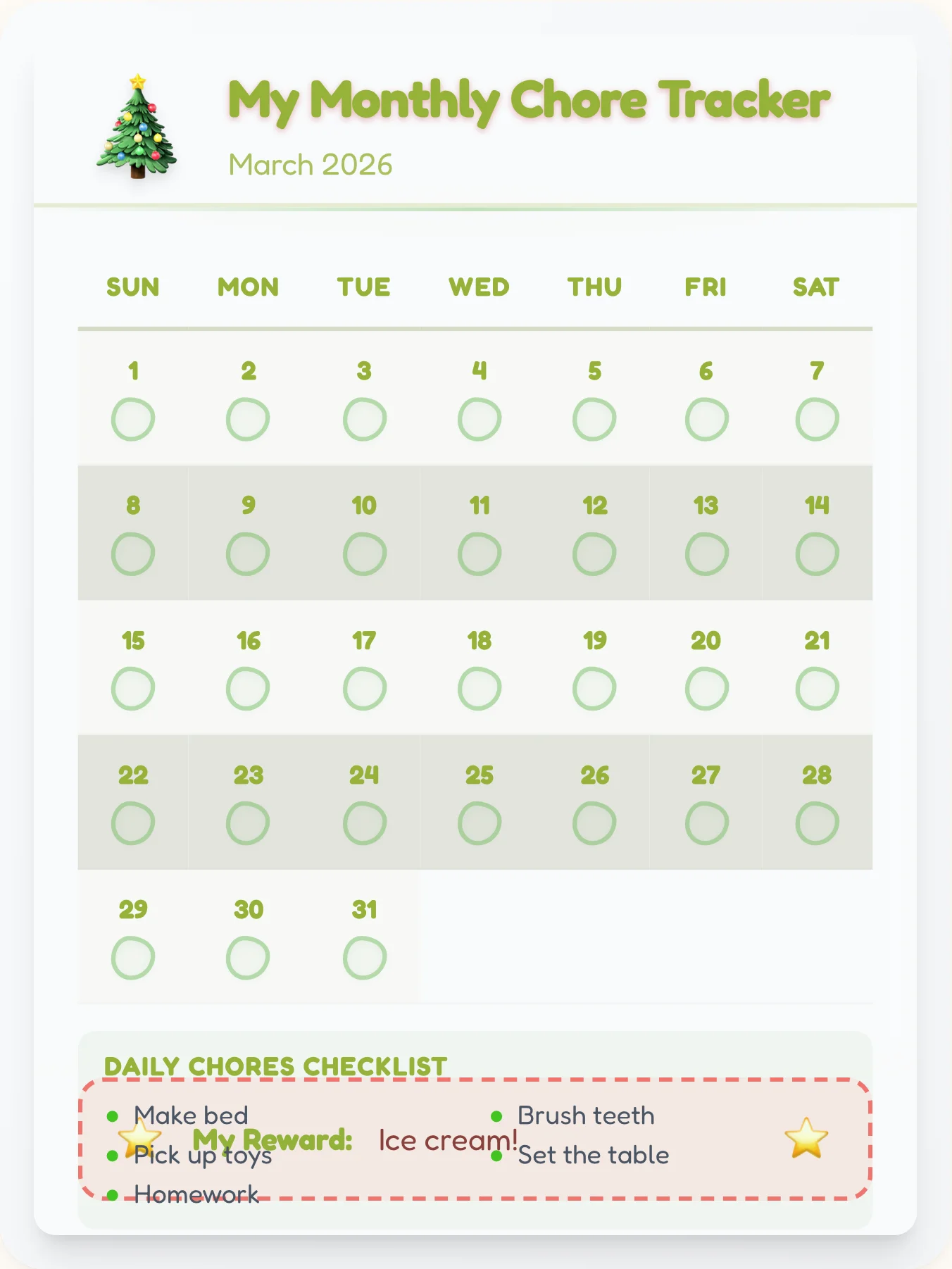 Noble Holiday Monthly Planner - printable holiday chore chart