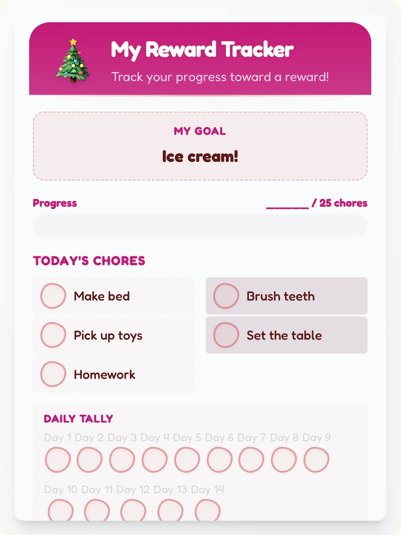 Calm Holiday Prize Chart - printable holiday chore chart
