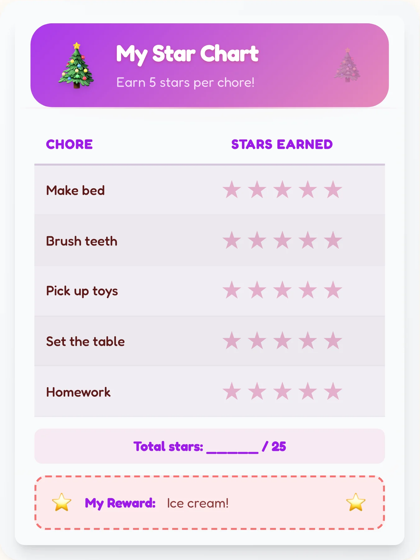 Tranquil Holiday Star Rewards - printable holiday chore chart