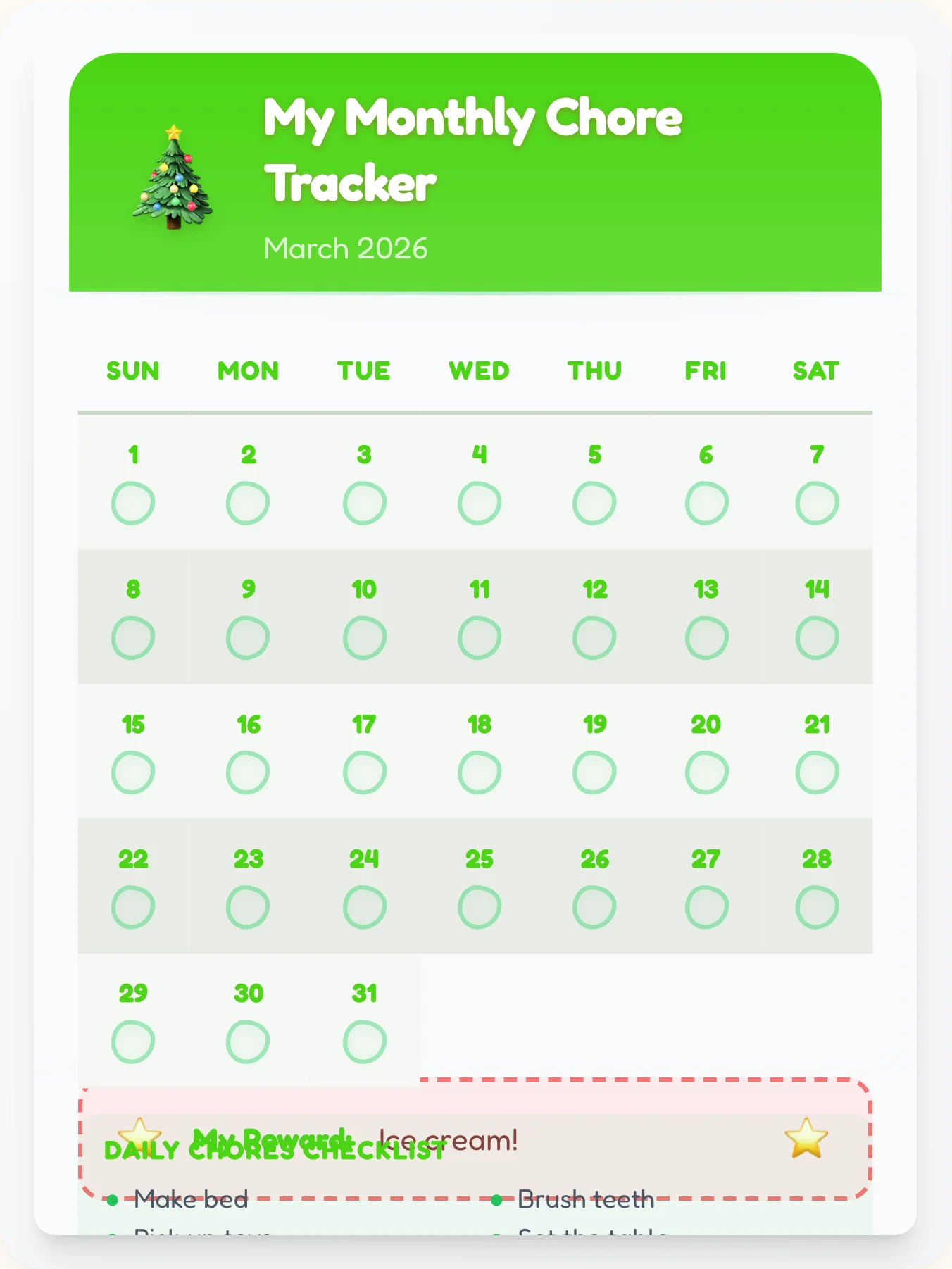 Radiant Holiday Monthly Grid - printable holiday chore chart