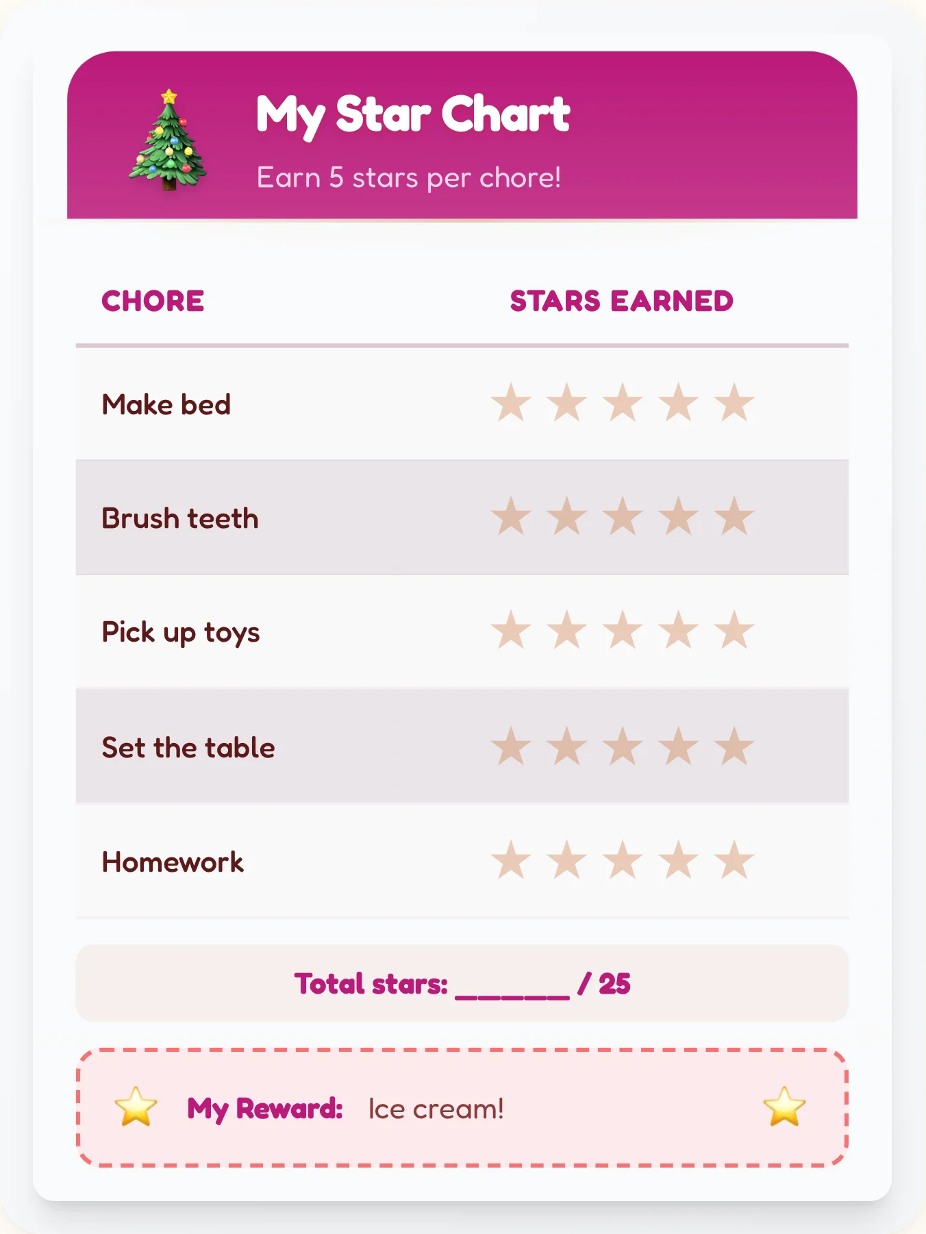 Calm Holiday Star Chart - printable holiday chore chart