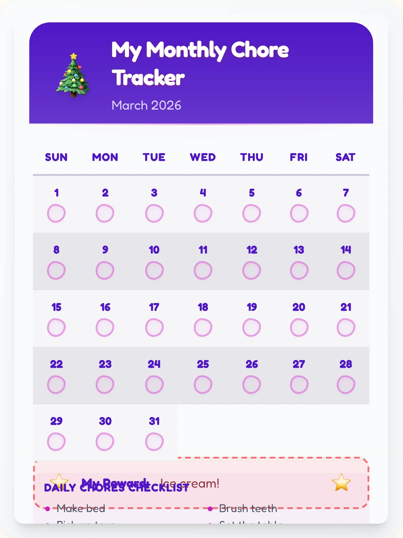 Royal Holiday Calendar Chart - printable holiday chore chart