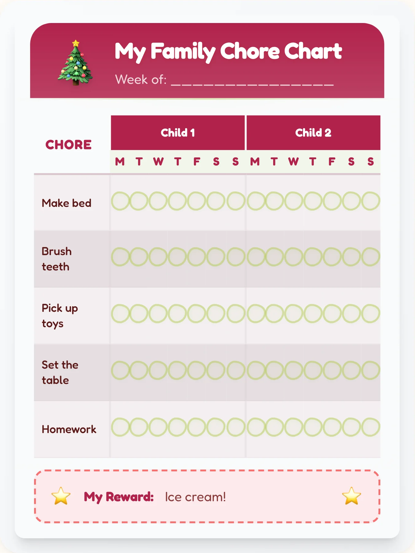 Electric Holiday Team Chart - printable holiday chore chart