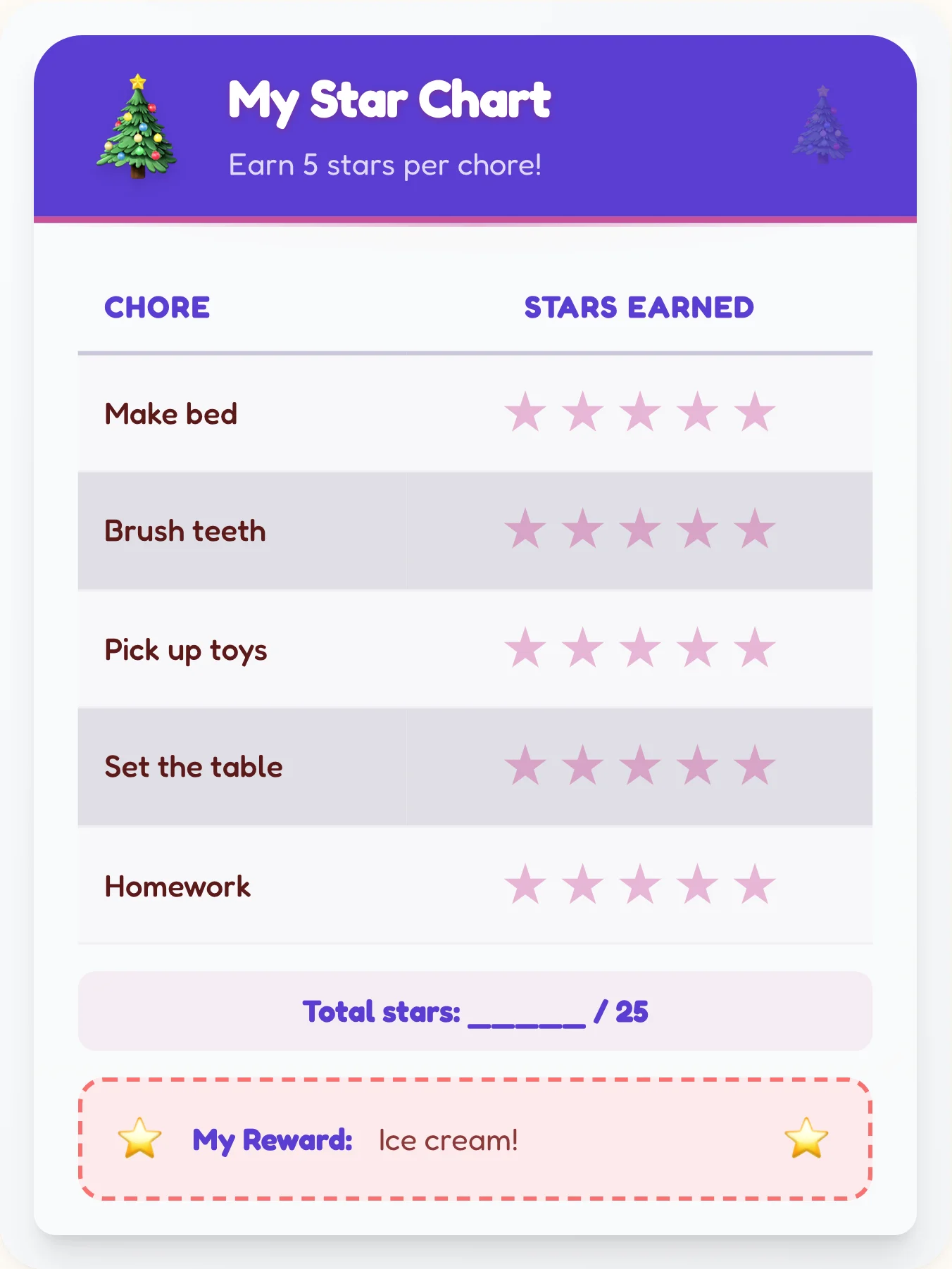 Peaceful Holiday Star Board - printable holiday chore chart