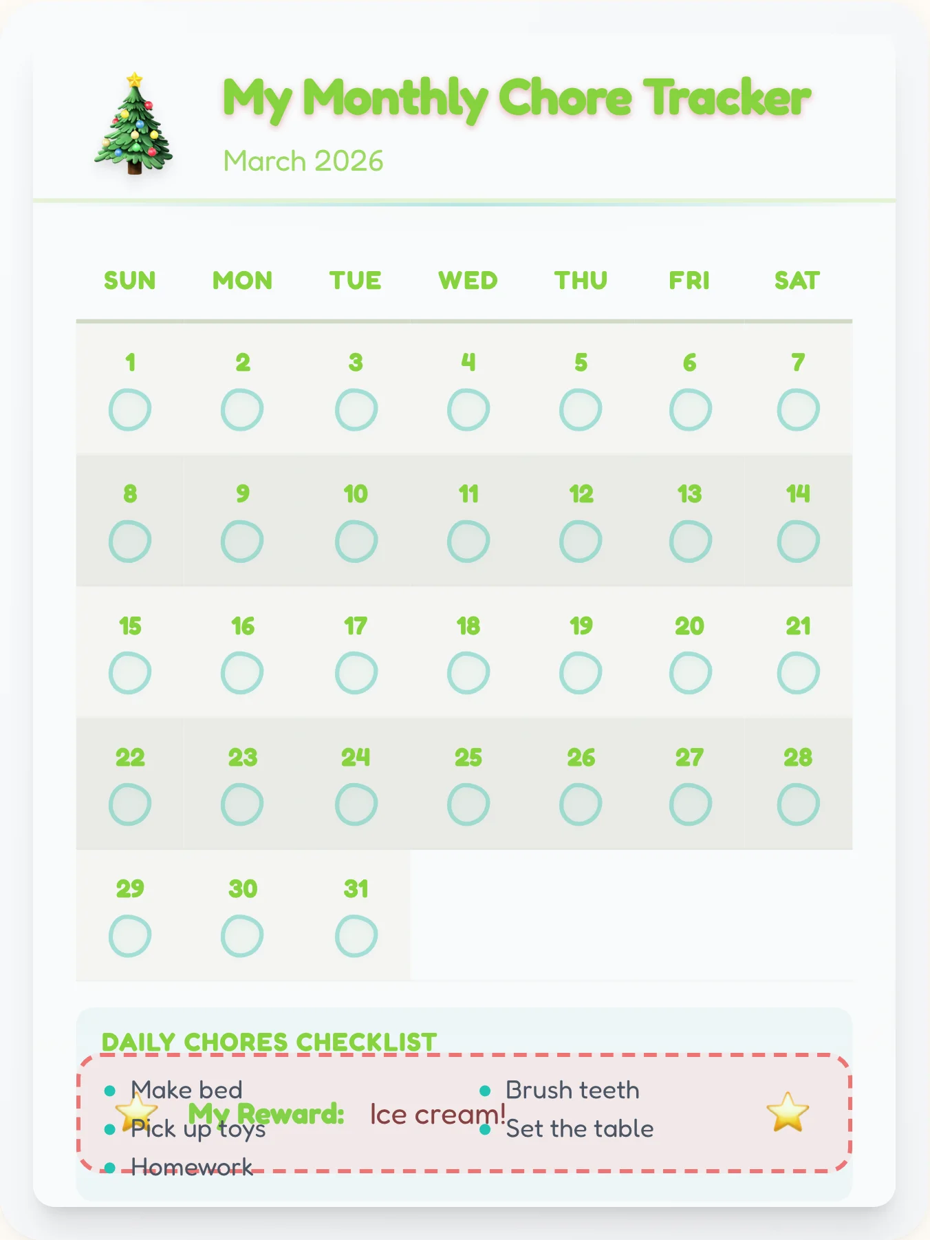 Quiet Holiday Month View - printable holiday chore chart