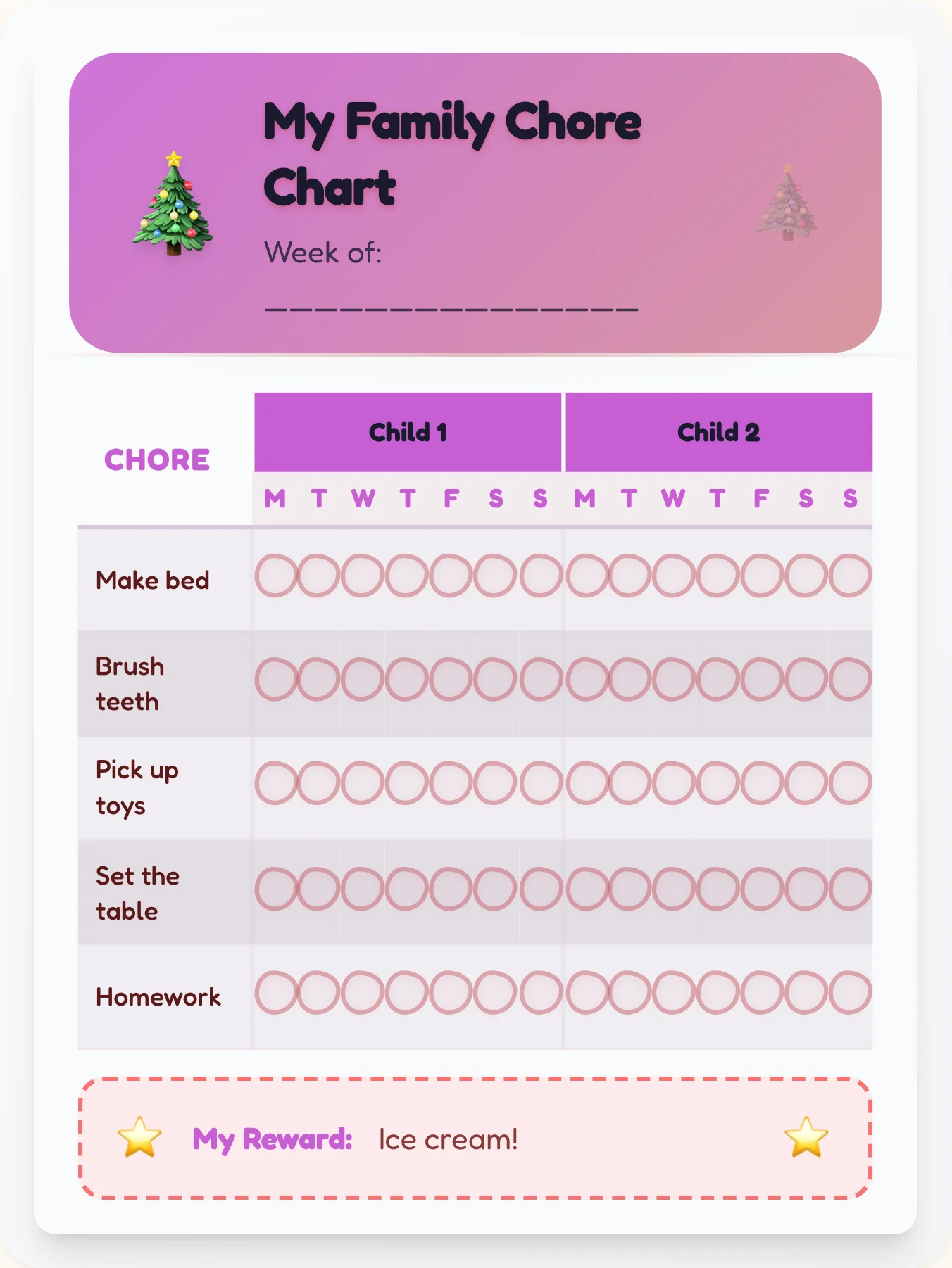 Vibrant Holiday Sibling Board - printable holiday chore chart