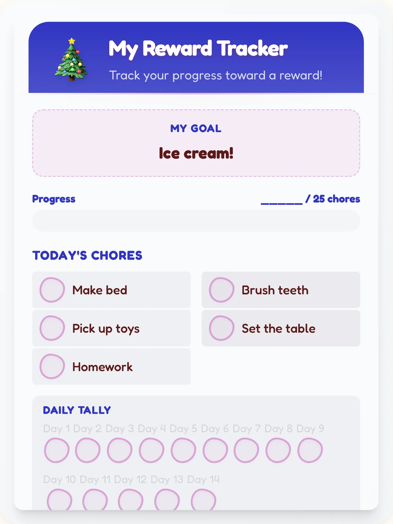 Hazy Holiday Goal Chart - printable holiday chore chart