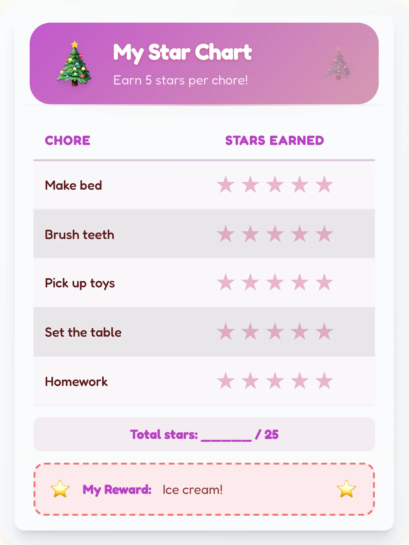 Vibrant Holiday Star Chart - printable holiday chore chart