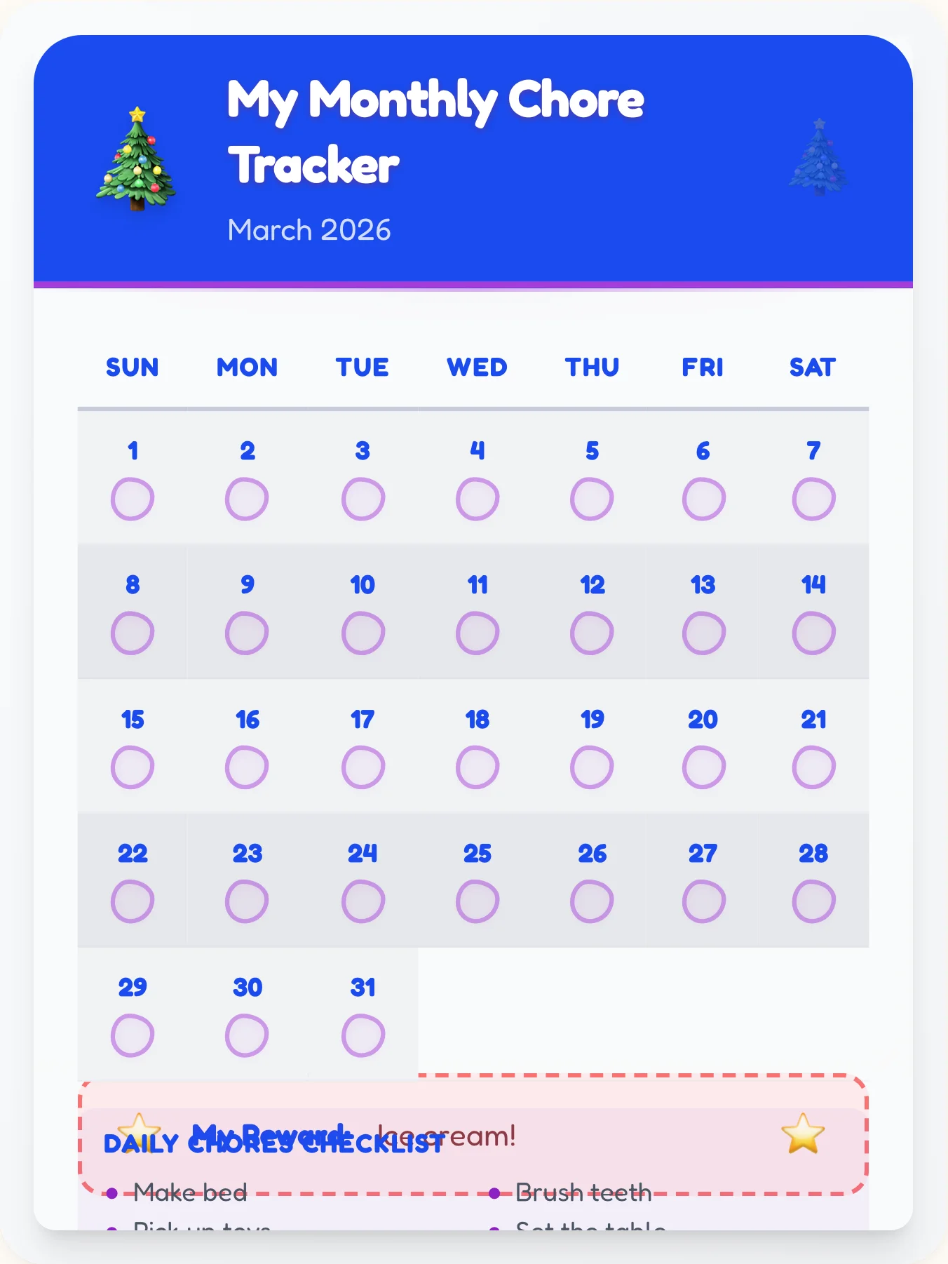 Mellow Holiday Calendar Chart - printable holiday chore chart