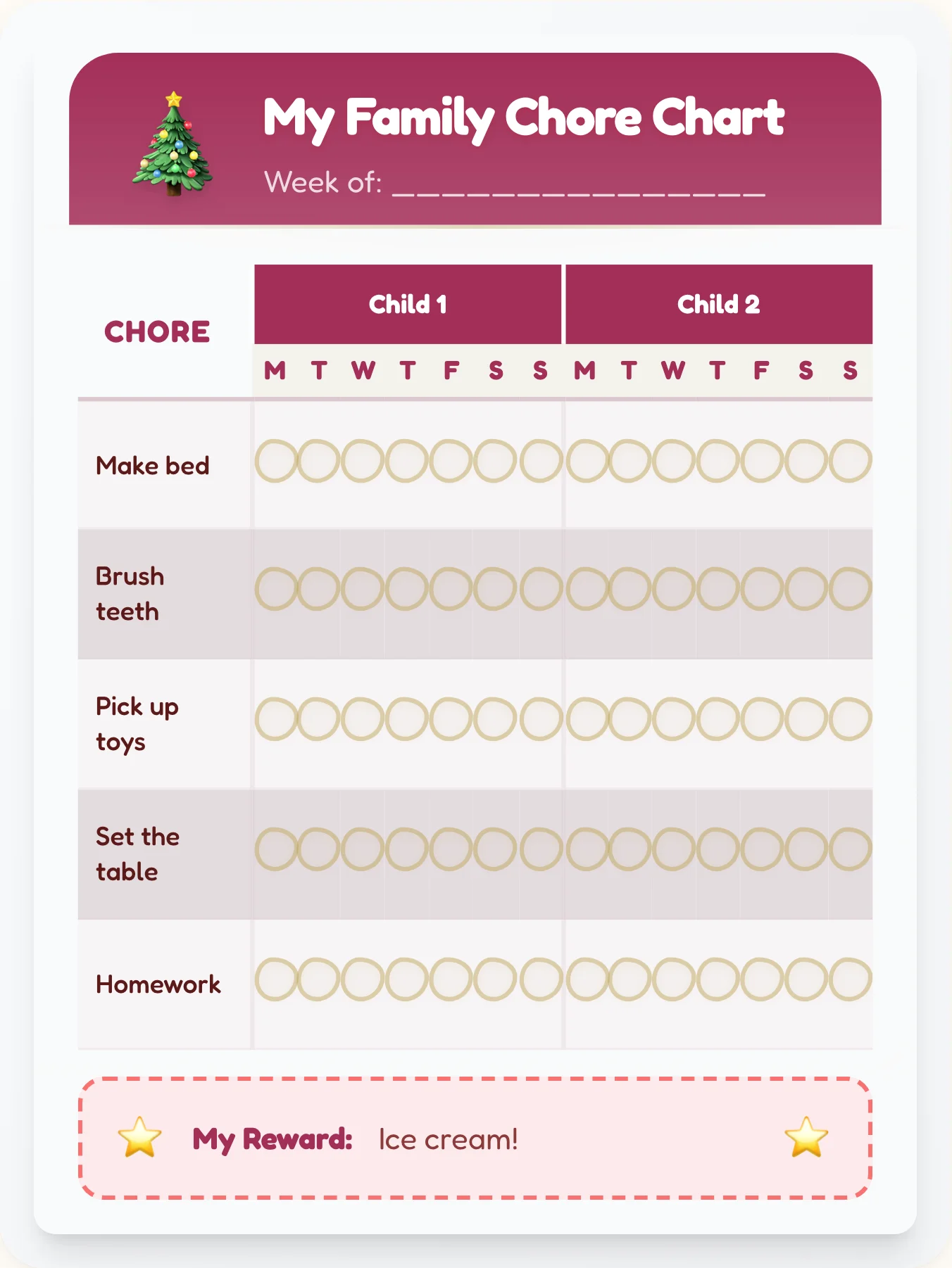 Electric Holiday Family Chart - printable holiday chore chart