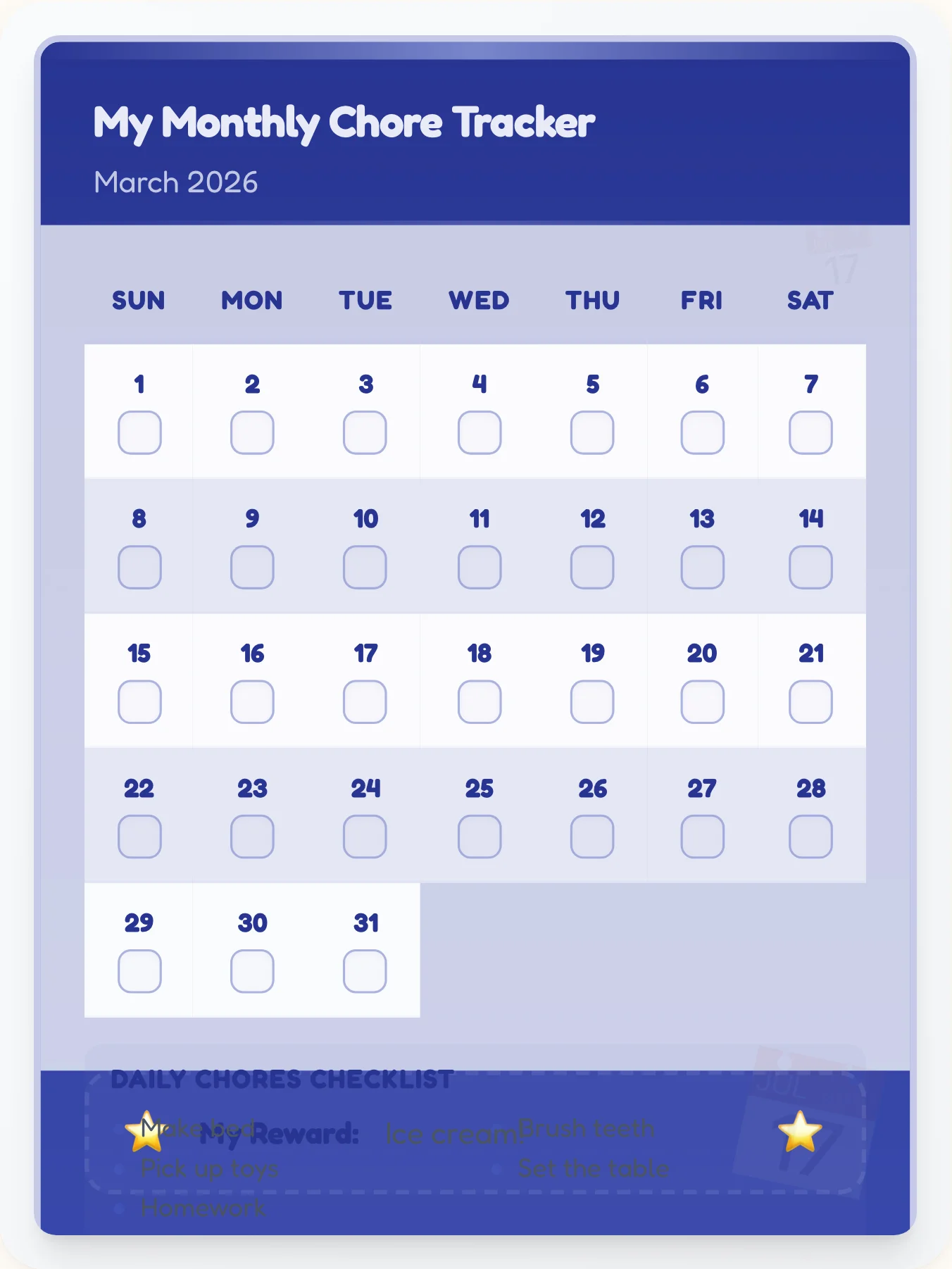 Indigo Monthly Office Calendar - printable professional chore chart