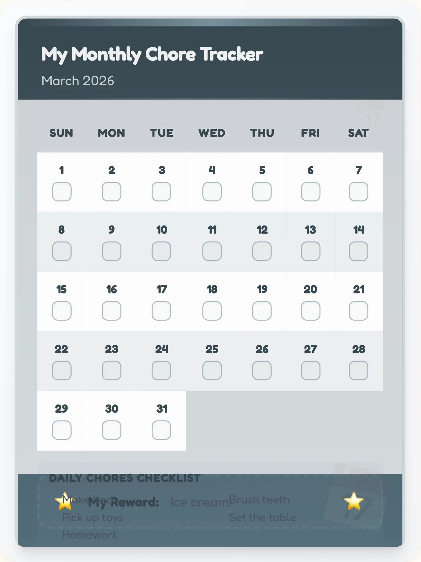 Iron Gray Monthly Accountability Chart - printable professional chore chart