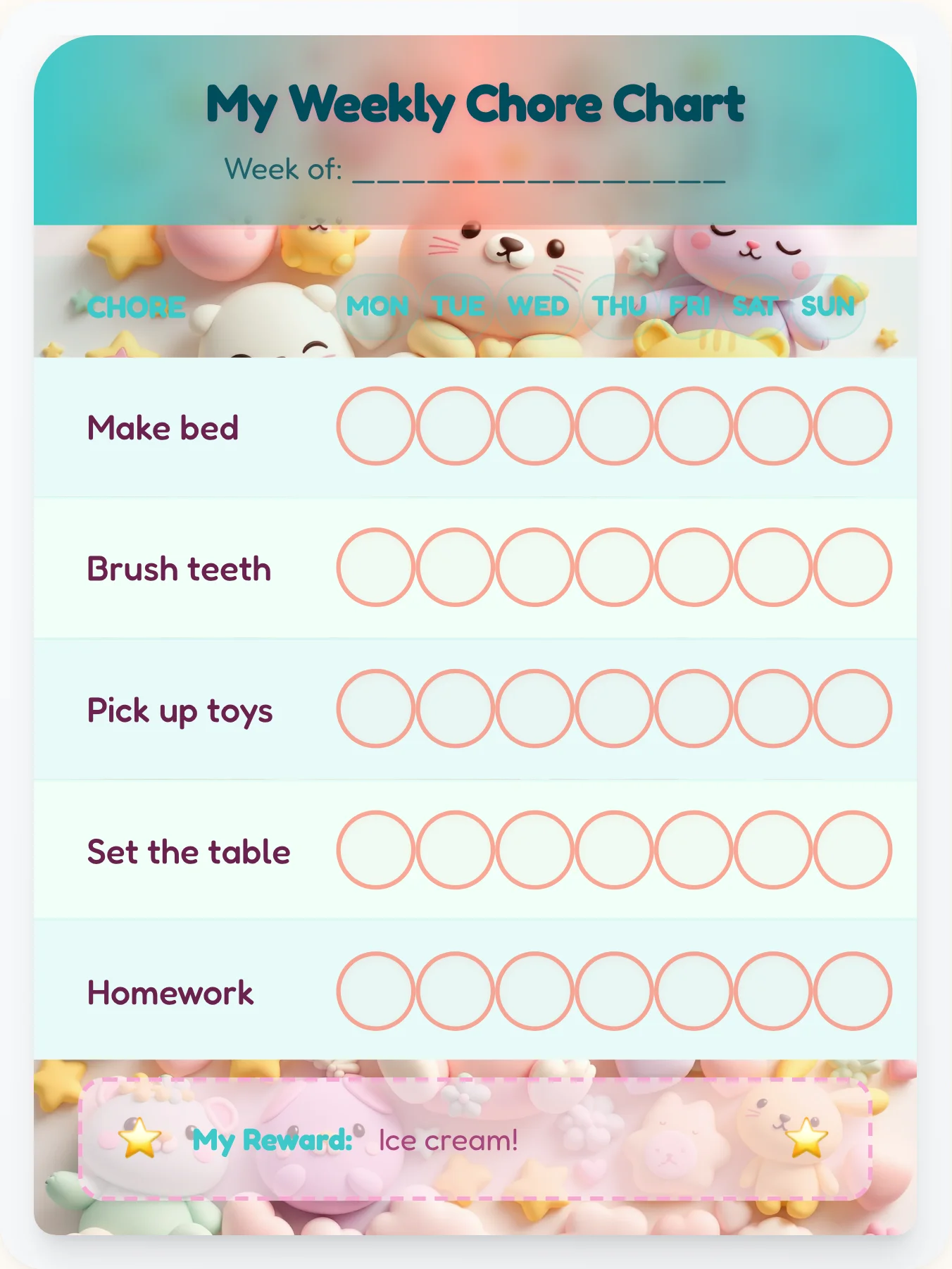 Bubbly Ocean Bites Kawaii Chore Chart - Free Printable Template - printable kawaii chore chart